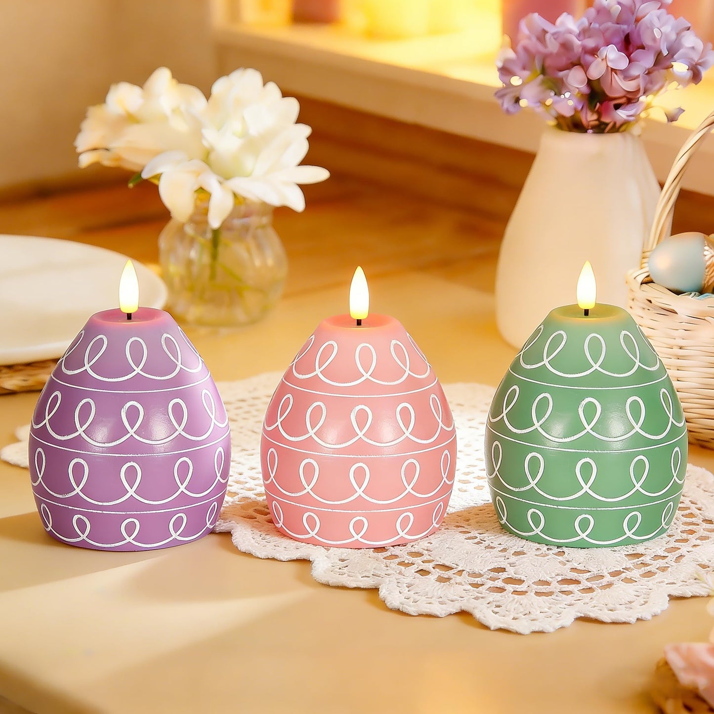 Leorate 3PCS Easter Egg Flameless Candles – 5.2" Battery Operated LED Egg Candles with White Wave Pattern, Green Purple Pink Real Wax Finish, Flickering Flame for Easter Table Centerpiece Spring Home