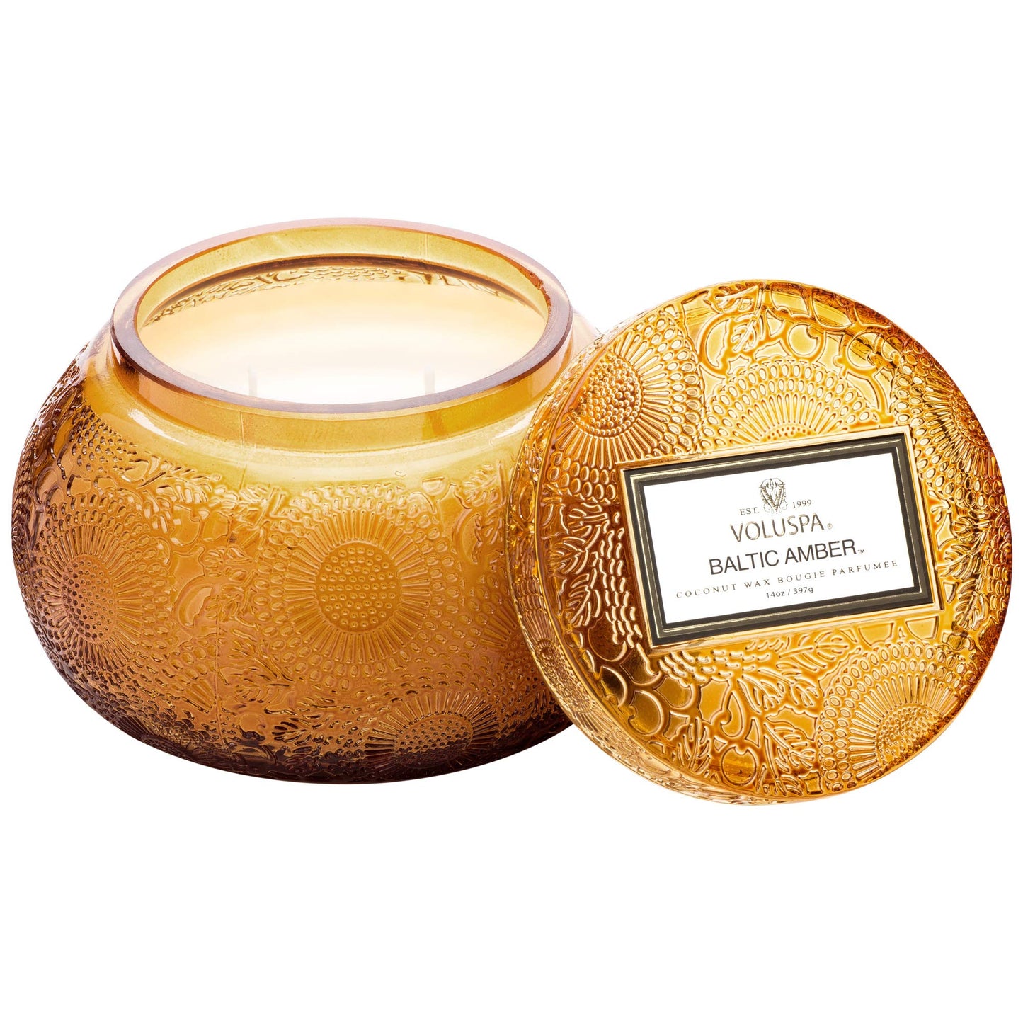 Voluspa Baltic Amber Candle | 14 Oz. | 50 Hour Burn Time | Embossed Glass Chawan Bowl | Coconut Wax and Natural Wicks for a Cleaner Burn | Vegan