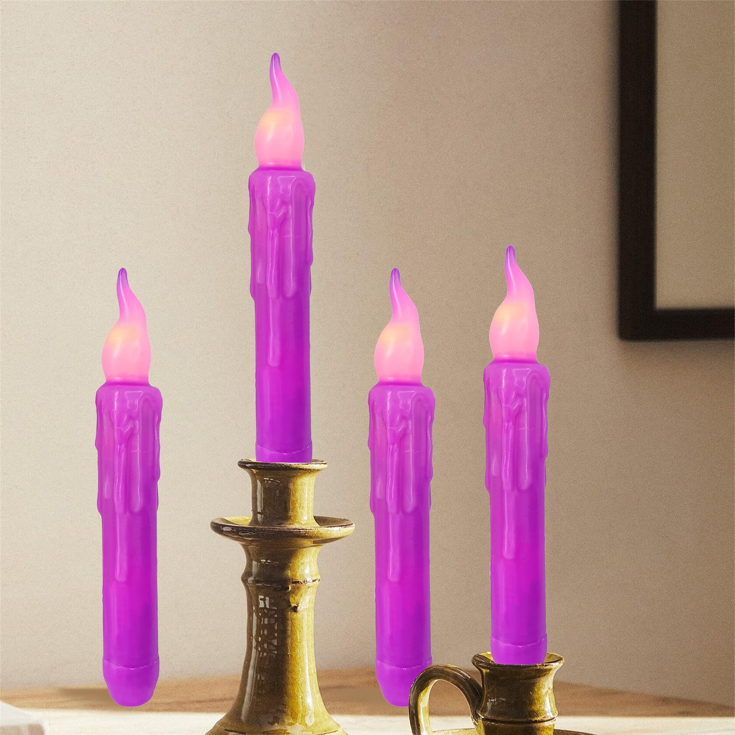 Gedengni Magical Candlesticks Flameless Taper Candle, 4pcs Real Wax LED Tapered Candles Remote Dipped Candle 6inches Battery Chandelier for Enchanting Weddings Harry Potter Inspired Vigils (Purple)