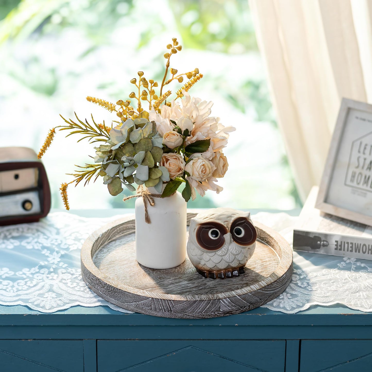 Hanobe Wood Candle Holders Trays: Round Candlestick Holder Pillar Stand for Table Centerpiece - Farmhouse Coffee Table Decor for Living Room Kitchen Counter, Rustic White