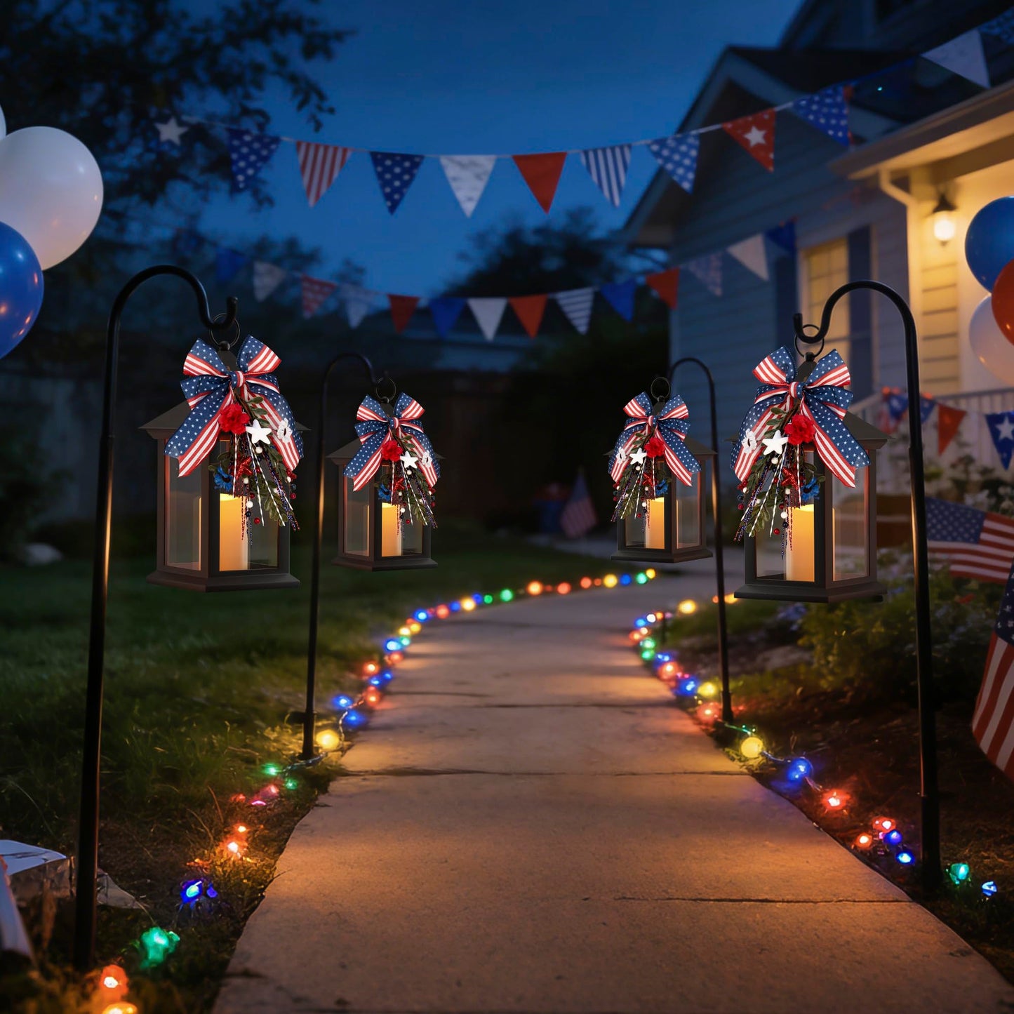 JOHUNT Patriotic Lanterns Decorative Indoor, 14" Black Lantern with Timer Flameless Candle, Battery Operated Waterproof Outdoor Hanging 4th of July Lanterns for Porch, Patio, Patriotic Decorations