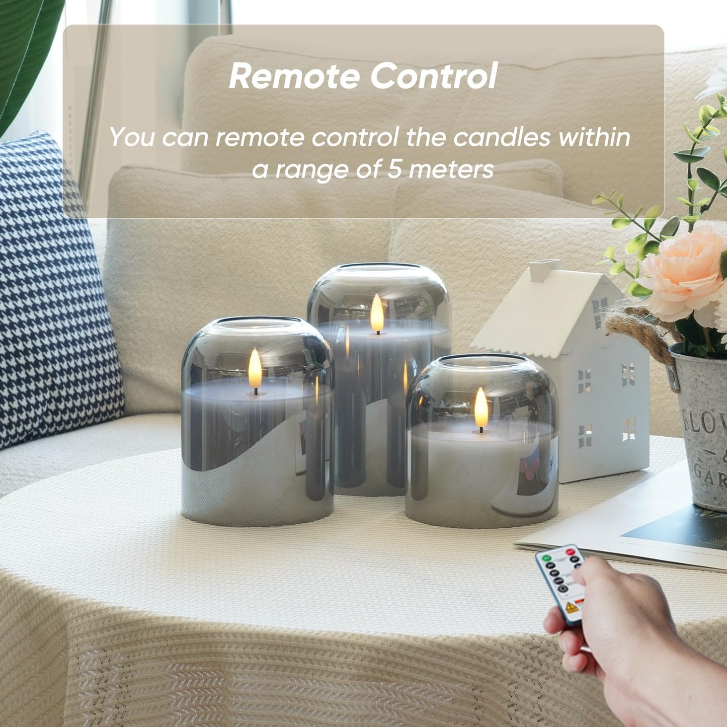 Homemory Glass Flameless Candles, Battery Operated Plliar Candles Realistic Flickering, LED Electric Light with Remote and Timer for Home, Christmas Decoration, Gray, Set of 3