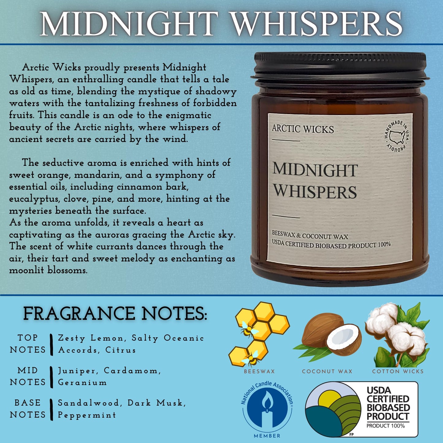 Midnight Whispers Scented Candle | 9oz Amber Jar | Arctic Wicks Non-Toxic Coconut & Beeswax Candles | Hand-Poured Clean Burning Candle | Rich Sandalwood Scent | 100% USDA Biobased