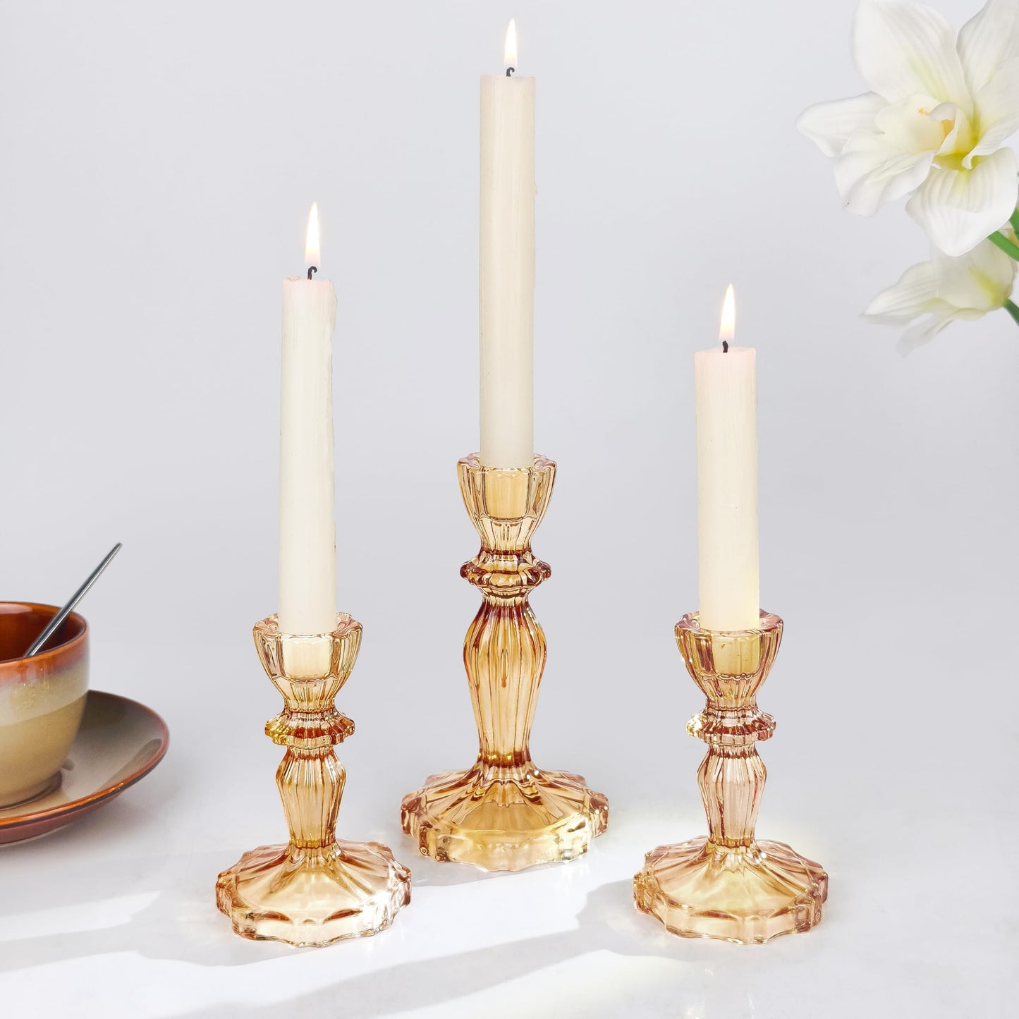 CHOCSTAY Glass Candlestick Holders Set of 3, Amber Stripe Taper Candle Holders for Table Centerpiece, Home Decorations, Wedding and Party