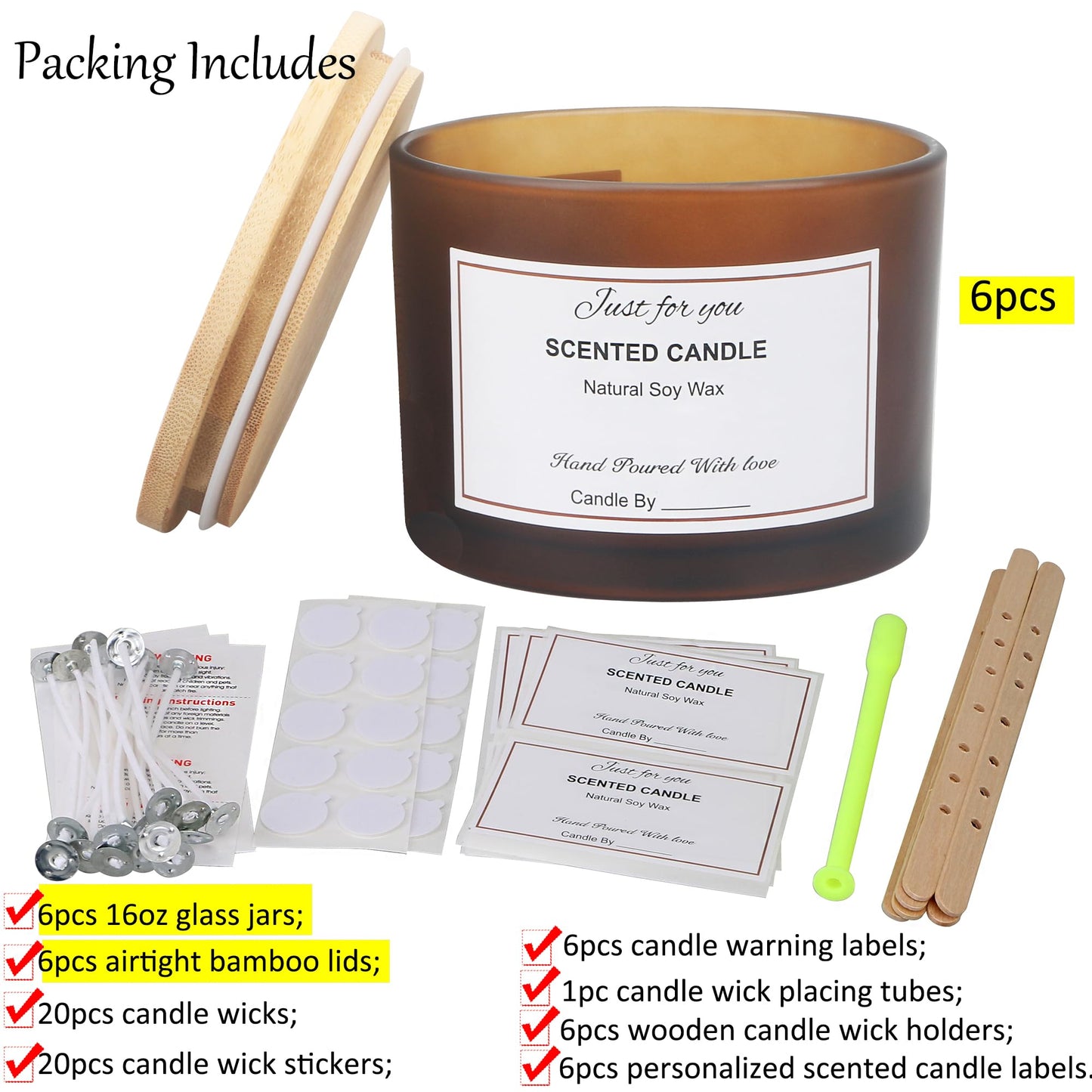 MILIVIXAY 6 Pack 16 oz Candle Jars with Bamboo Lids and Candle Making Kits - 3 Wick Candle Jar,Bulk Empty Frosted Amber Thick Glass Jars for Making Large Candles - Spice, Powder Containers.
