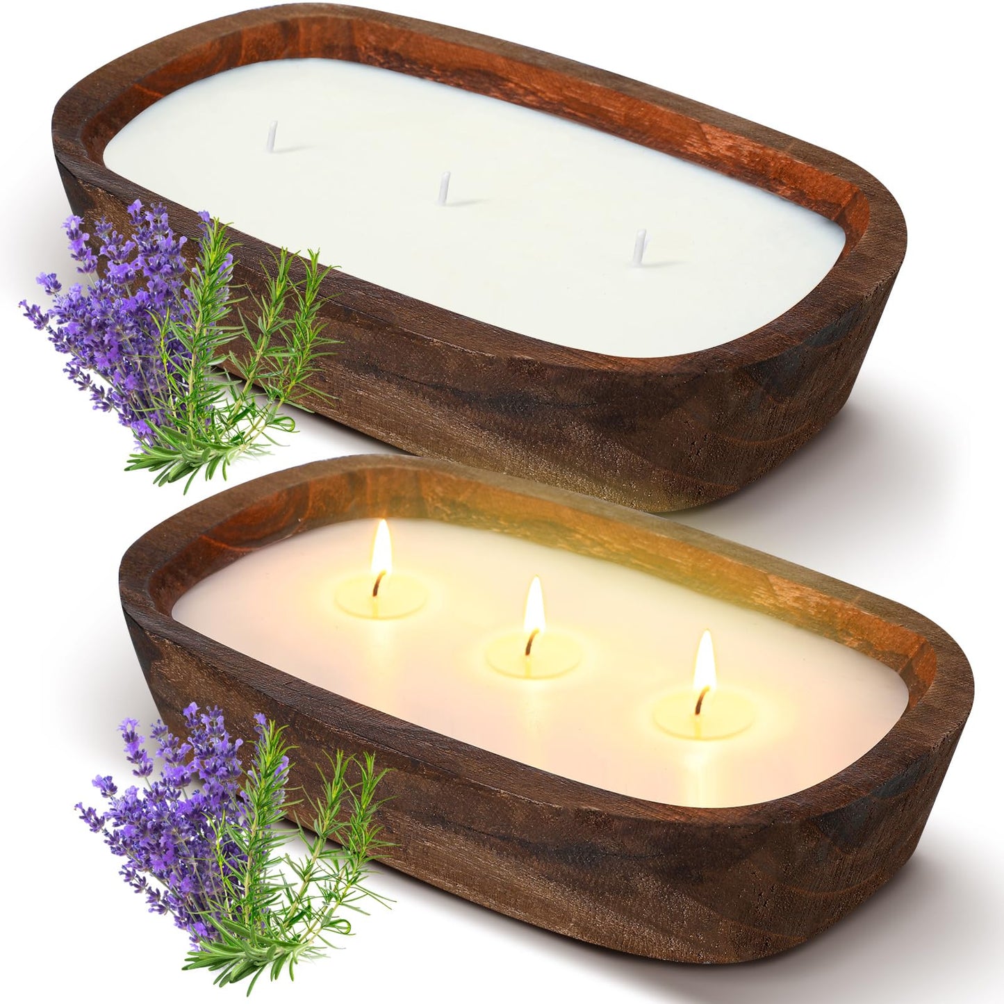 Threlaco 2 Pack Wood Dough Bowl Candle Jar Candle Decorative with Wick Scented Candles Soy Gifts for Men Women Farmhouse Table Centerpiece Home(Lavender)