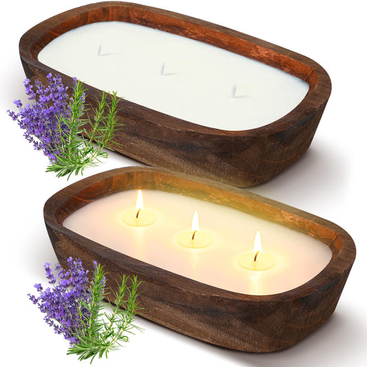 Threlaco 2 Pack Wood Dough Bowl Candle Jar Candle Decorative with Wick Scented Candles Soy Gifts for Men Women Farmhouse Table Centerpiece Home(Lavender)