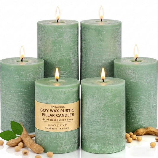 6 Pack Sage Green Soy Pillar Candles - 330H Total Burn Time - 2.8x4” Rustic Textured Natural Wax- Smokeless & Clean Burning Unscented Hand-Poured Candles for Spring Home, Modern Farmhouse Decor
