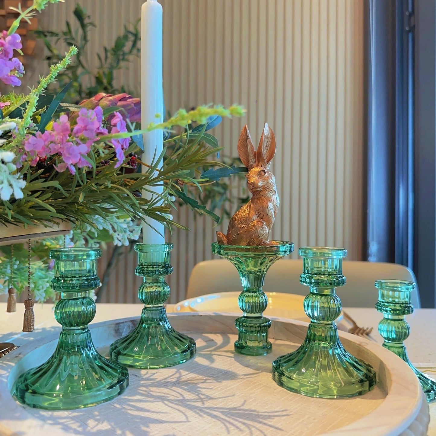 ECHFSM Glass Candlestick Holder,Striped Taper Candle Holders,Set of 6 Candle Stand for Table Centerpieces, Home Decor,Weddings,Festival and Parties (Green Stripe Pattern)