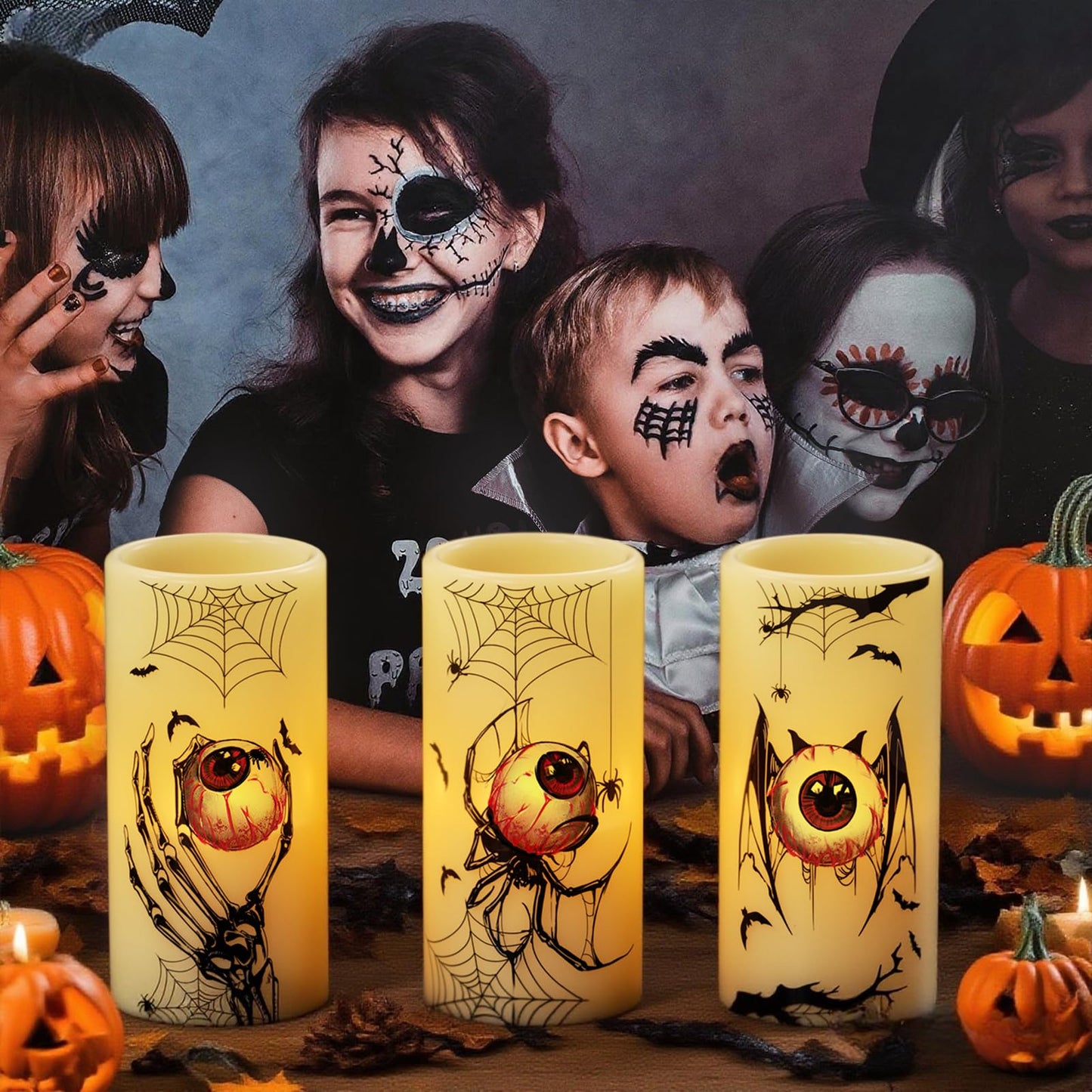 DRomance Halloween Flameless Flickering Candles Battery Operated with Timer, 3 Pack Real Wax LED Pillar Candles Spooky Bloody Eyes Spider Decals Dinner Halloween Decorations Indoor(3" D x 6" H)