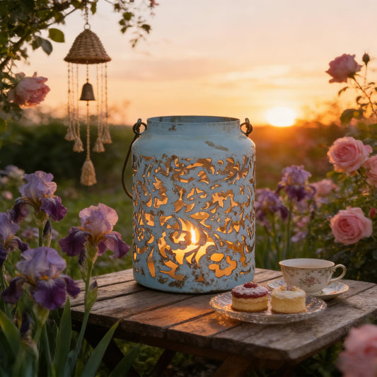 Vintage Metal Candle Lanterns with Handle Rustic Distressed Blue Decorative Candle Holder with Floral Cut-Out Design for Home, Garden, Patio, Porch, Parties, Weddings Decor