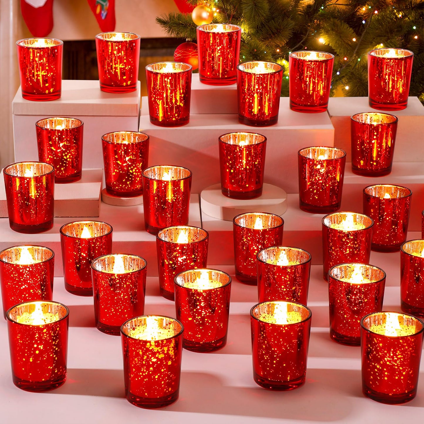 50 Pcs Votive Candle Holders Bulk Glass Votive Candle Holder Tealight Candle Holder Wedding Centerpiece for Table Home Birthday Anniversary Bridal Shower Party Decoration Reception (Red)