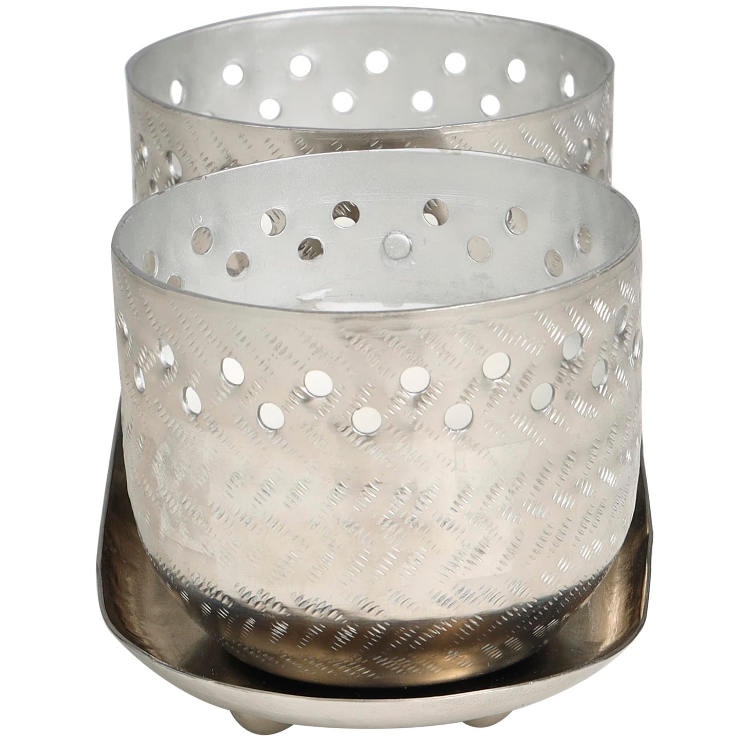 Deco 79 Metal Decorative Candle White Sage Scented Cutout Spotted 7 oz 1 Wick Aromatherapy Candle with White Wax, Set of 2 Wax Aromatherapy Candle 8" W, 4" H, Silver