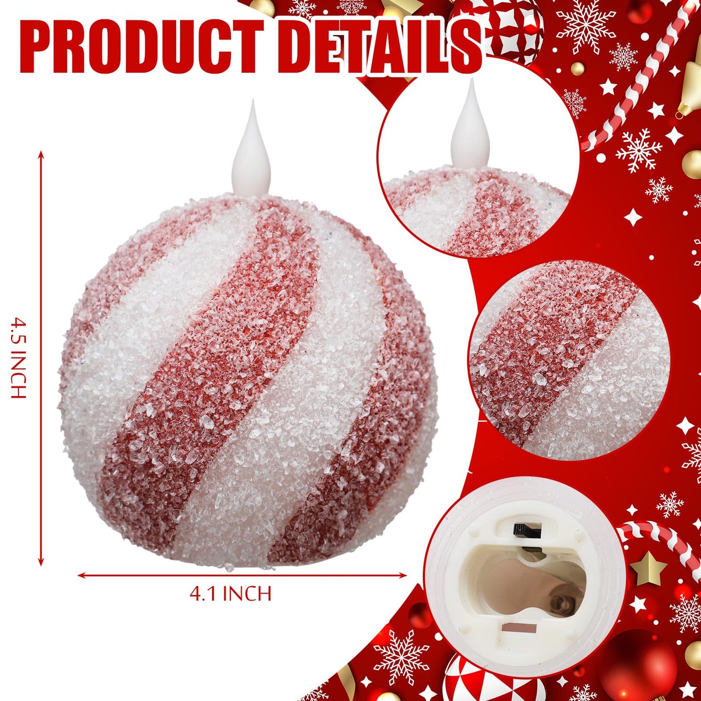 Baquler Set of 2 Christmas Candy Light Indoor Flameless Candles LED Candy Cane Light Xmas Red and White Glitter Ball Battery Operated Candles for Xmas Gift Holiday Party Room House Home Table Decor