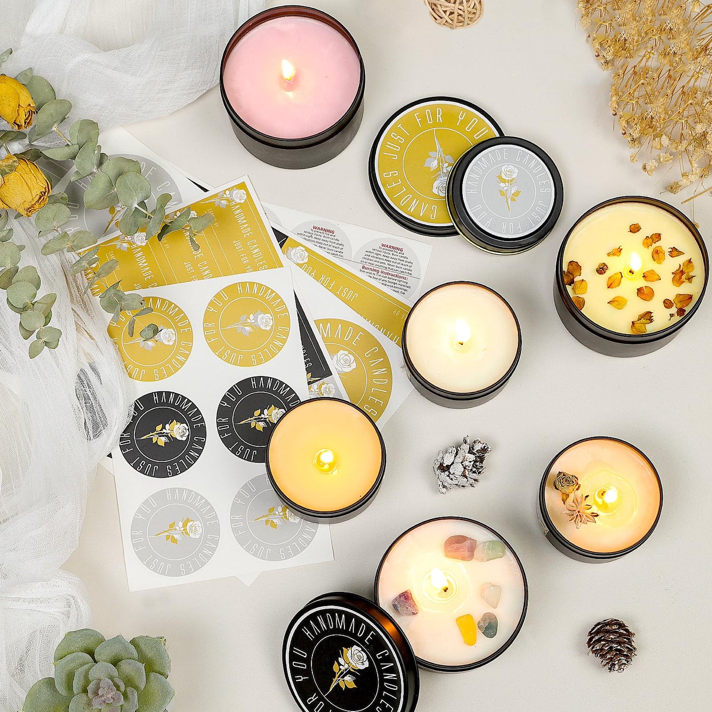 CONNOO 48 Pack Candle Tins - 24pcs 8oz + 24pcs 4oz Matte Black Jars with Lids for Making Candles, Bulk Empty Containers with Sticky Warning Labels for Candle Making, Storage, and Gift