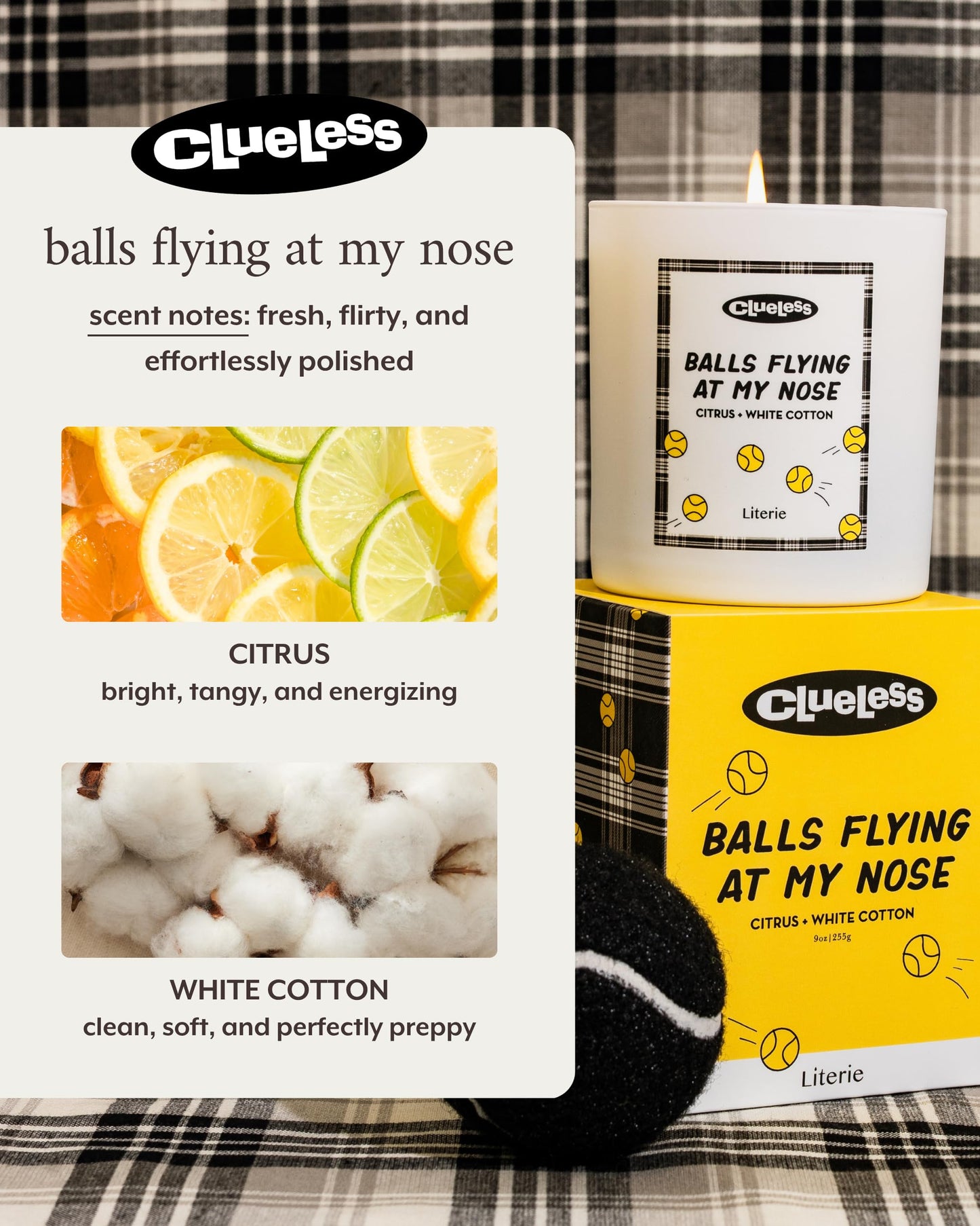 Literie Clueless Inspired Scented Candle: Balls Flying at My Nose - Citrus and White Cotton Scent, 9oz, 50 Hour Burn, Vegan Soy & Coconut Blend Candle for Home Decor, Gift for Women & Men