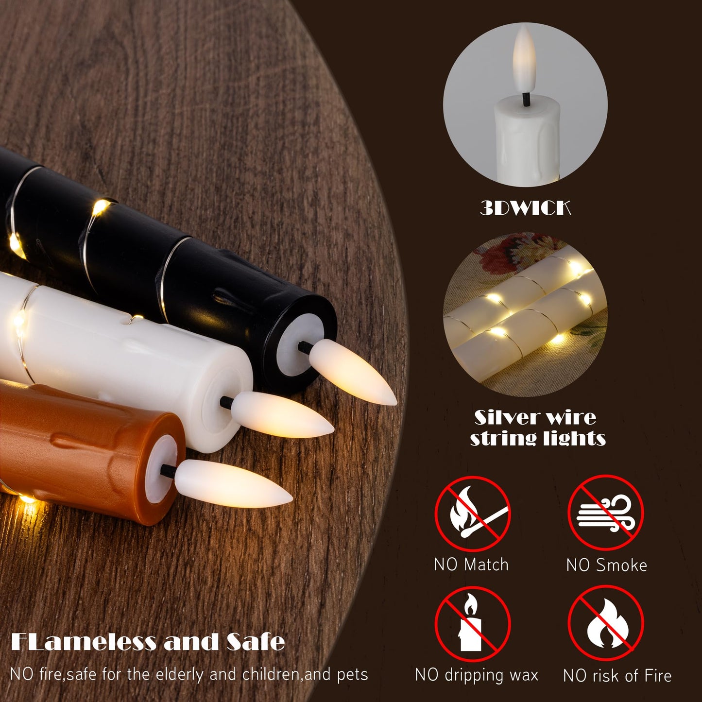 Flameless Taper Candles with Remote for Wedding Decorations，3D Flickering Flame Battery Operated LED Plastic Candles Arounded with Starlight String, Romantic Home Decoration, Pack of 6, White