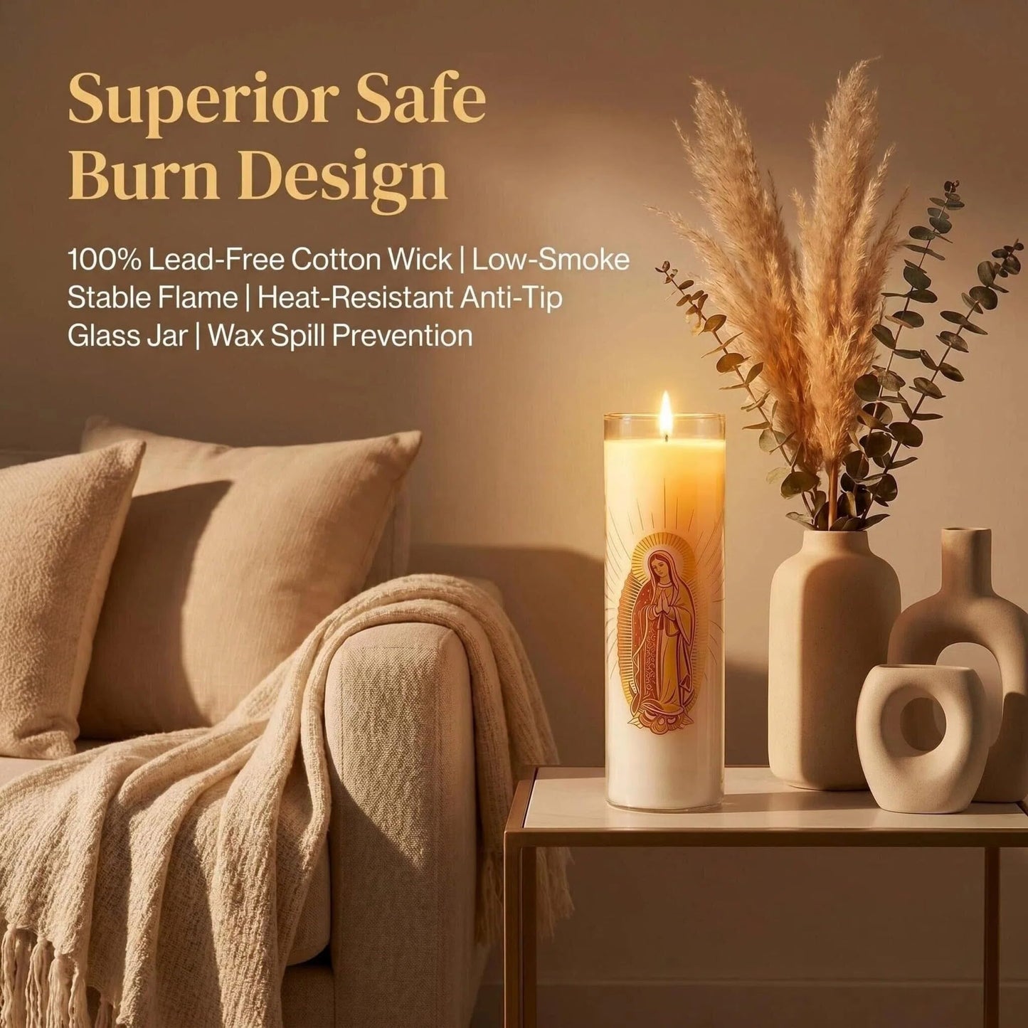 Virgen de Guadalupe Glass Beeswax Pillar Candle, 80-Hour Long Burning Smokeless Dripless Emergency Candle for Church, Prayer & Meditation, Christian Gifts for Women (Yellow, White)
