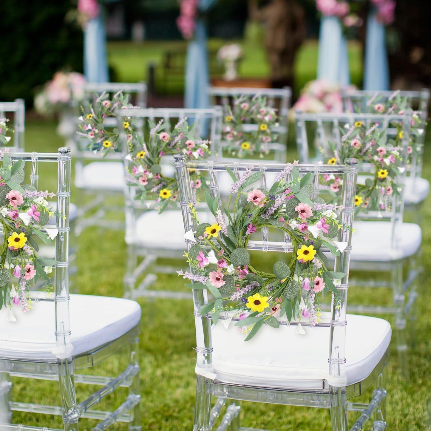 4 Pcs 9" Mini Spring Summer Flowered Wreath Floral Wedding Candle Rings Wreaths Kitchen Cabinet Wreaths with Ribbon for Pillars Wedding Table Centerpiece Farmhouse Party Home Door All Seasons Decor
