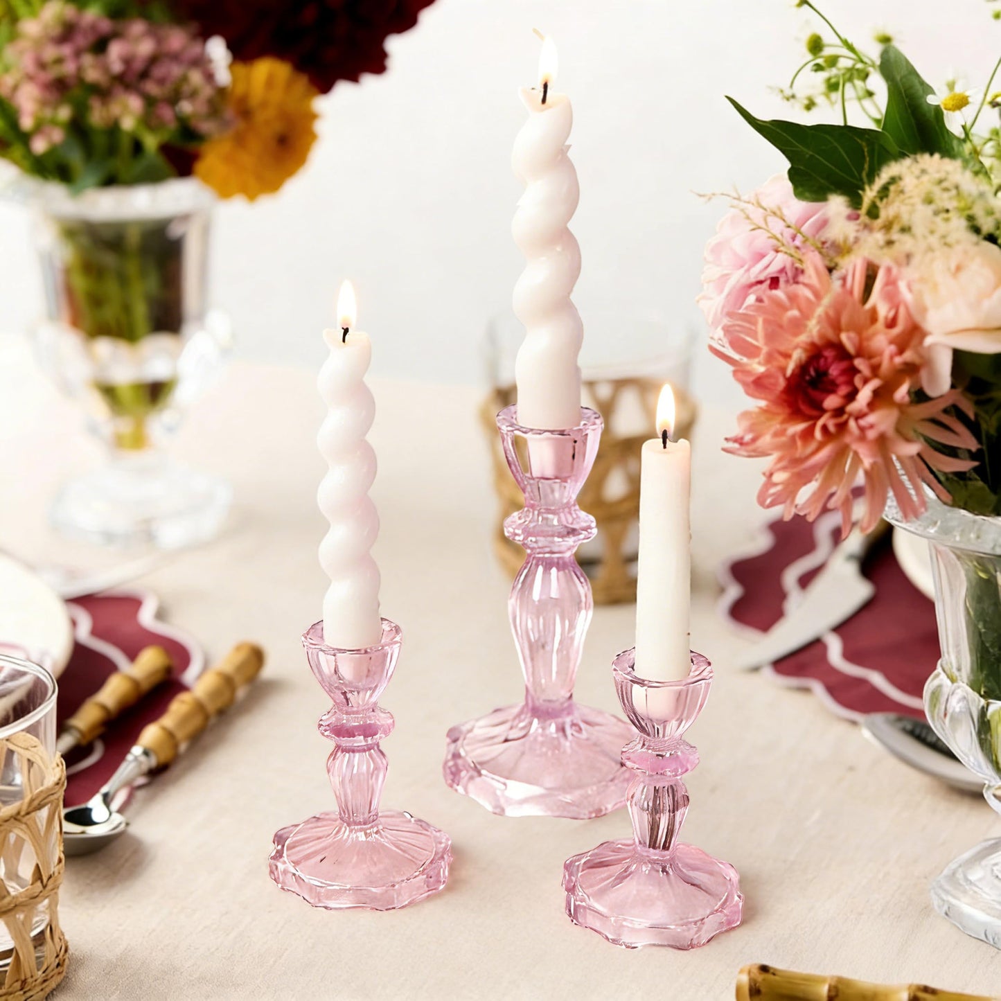 CHOCSTAY Glass Candlestick Holders Set of 3, Pink Stripe Taper Candle Holders for Table Centerpiece, Home Decorations, Wedding and Party