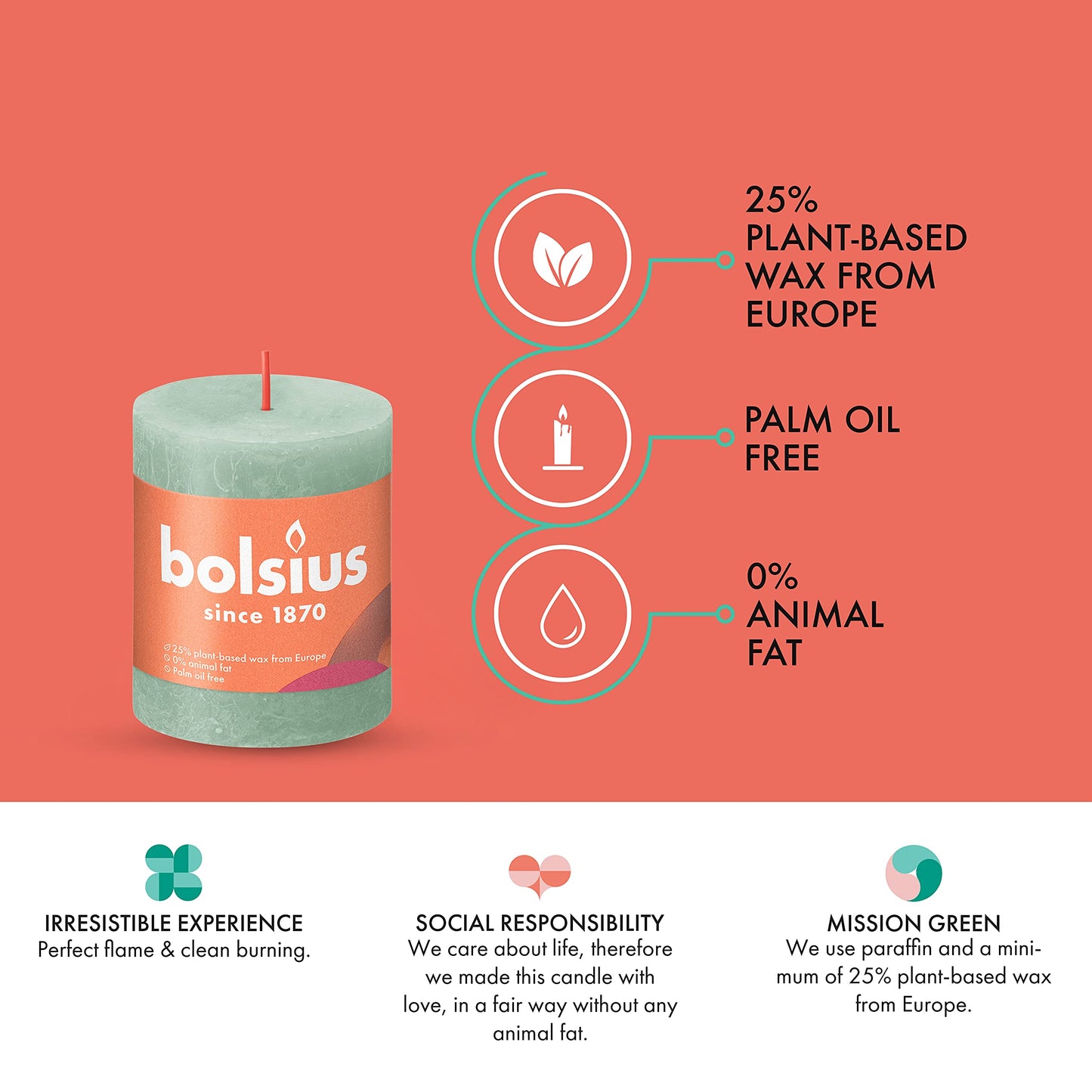 BOLSIUS 4 Pack Sage Green Rustic Pillar Candles - 2.75 X 3.25 inches - Premium European Quality - Includes Natural Plant-Based Wax - Unscented Dripless Smokeless 35 Hour Party and Wedding Candles