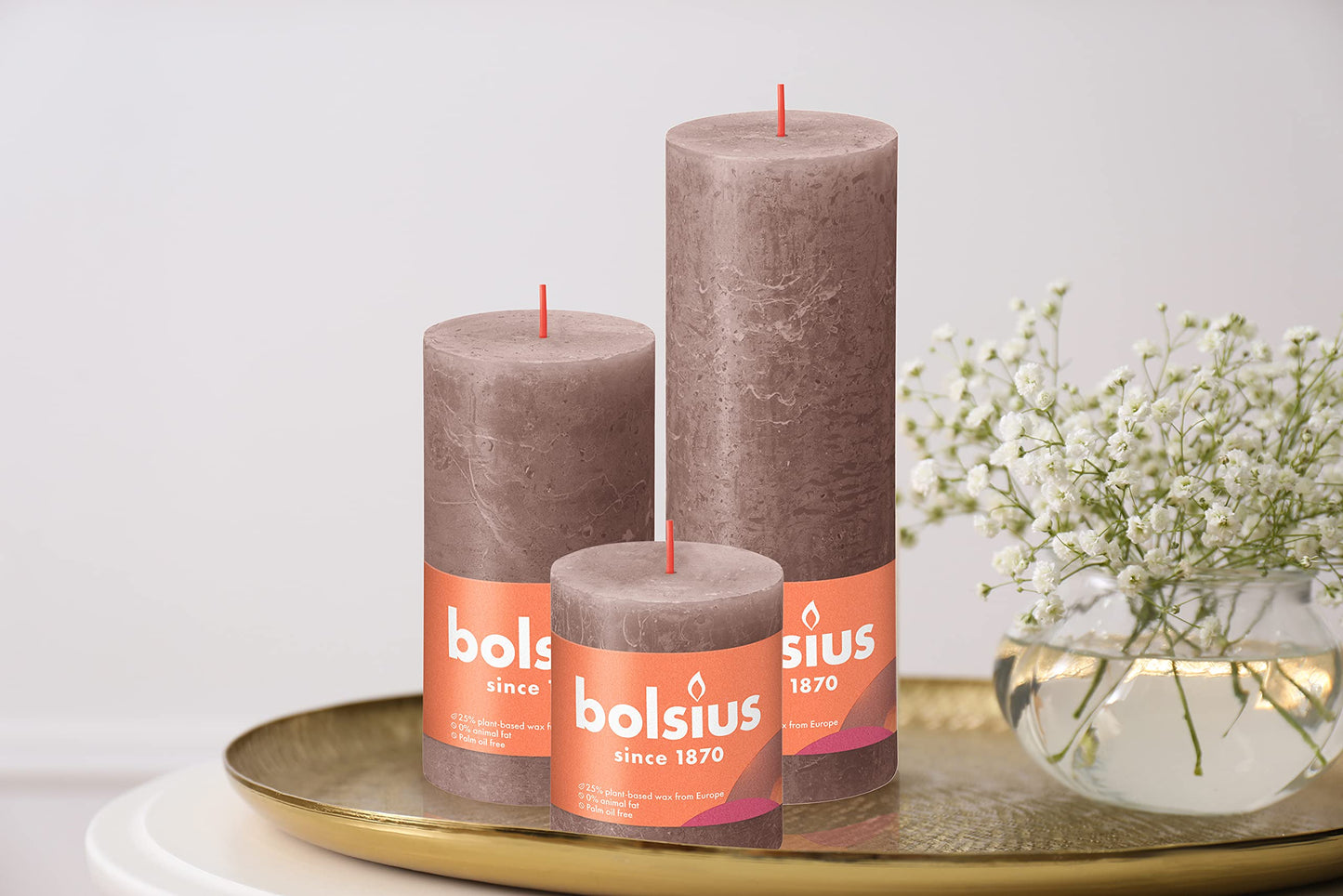 BOLSIUS 4 Pack Taupe Rustic Pillar Candles - 2.75 X 3.25 Inches - Premium European Quality - Includes Natural Plant-Based Wax - Unscented Dripless Smokeless 35 Hour Party and Wedding Candles