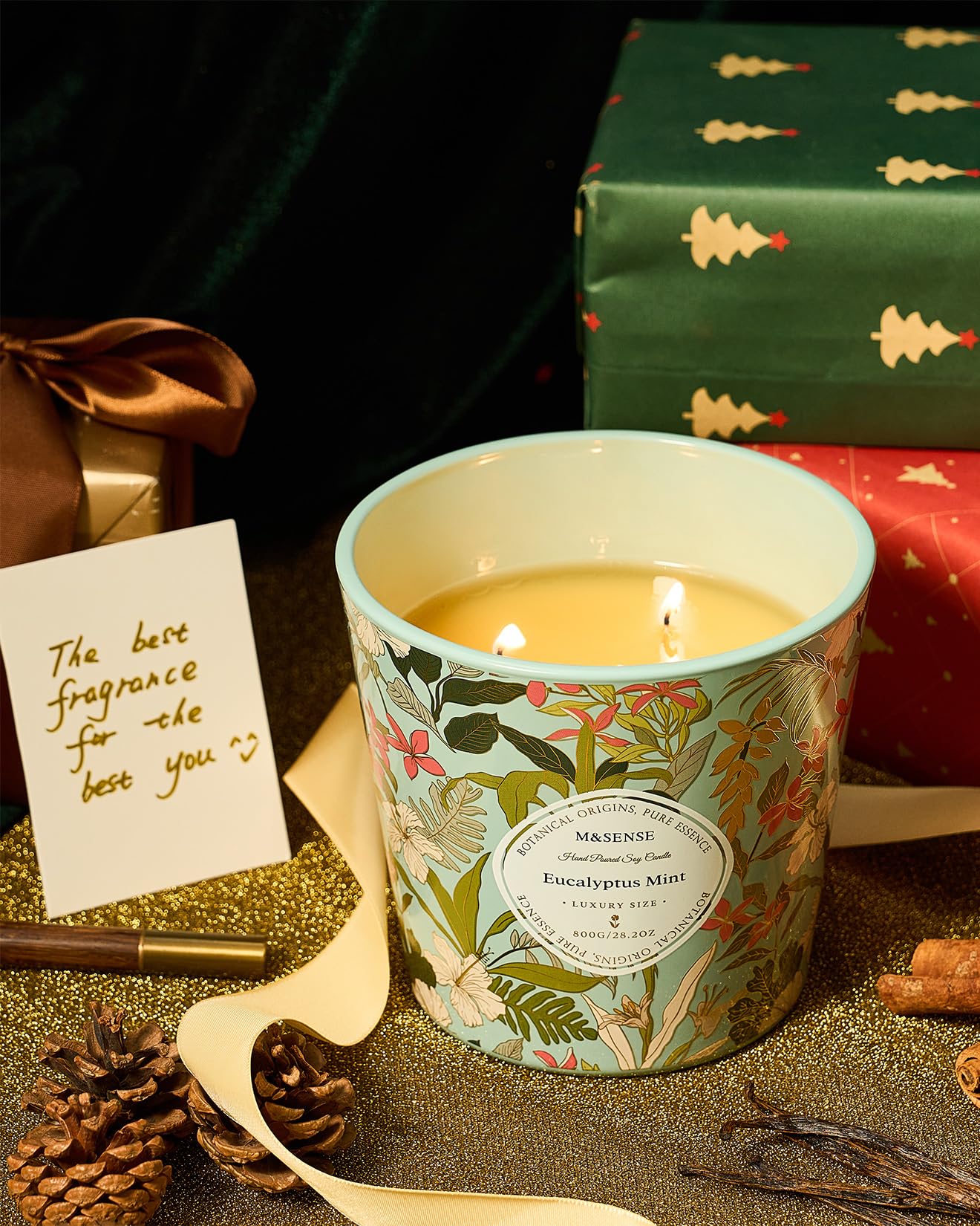 M&SENSE Eucalyptus & Mint Scented Candle, 28.2oz 3 Wick Natural Soy Wax Large Candles, Long Lasting Clean Slow Burning No Toxic Décor for Home Relaxation, Romantic Dates Gift-Giving