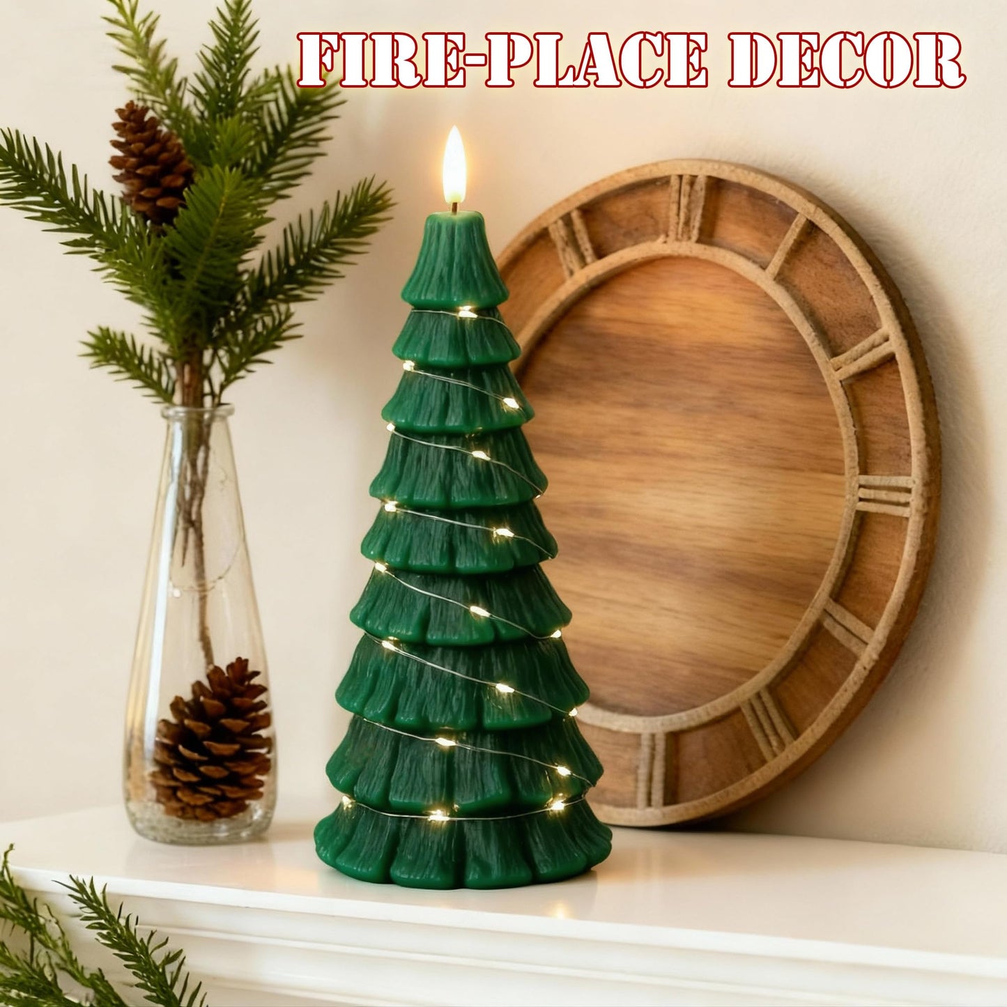 Flameless Christmas Tree Candles with Remote, 3D Flickering Flame Battery Operated LED Candle with Starlight String, Large Electric Tree Candles for Christmas Home Decor, Green
