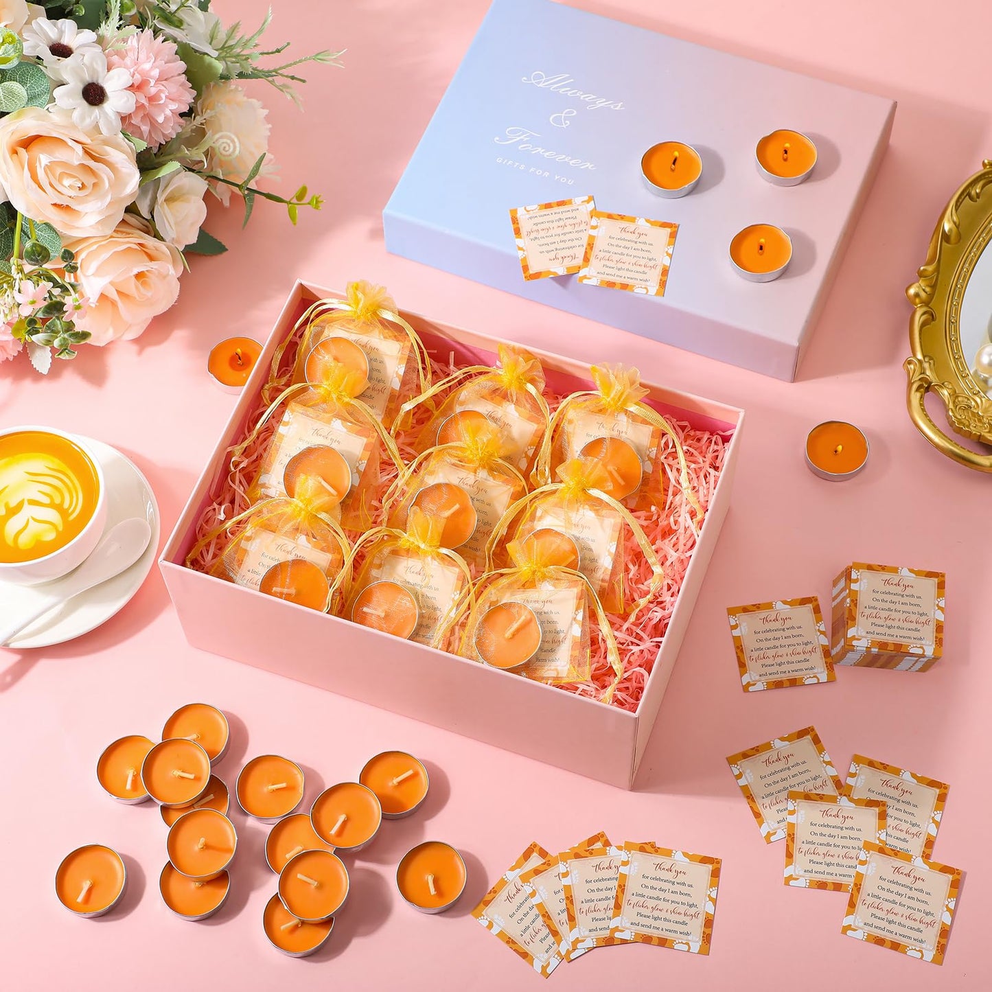 50 Sets Baby Shower Party Favors Including 50 Pcs Unscented Tealight Baby Shower Candles Gift Bags Cards for Gender Reveal Party Supplies(Orange)