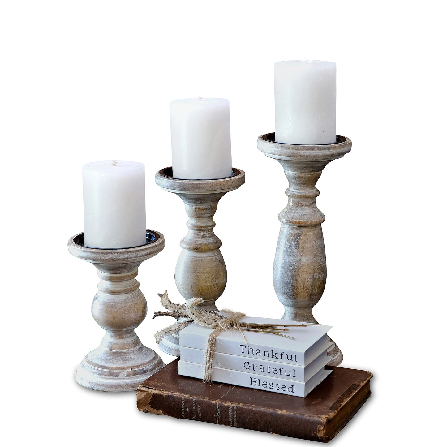 Candle Holders for Pillar Candles, Wooden Candleholders Table Centerpiece, Pillar Candle Holders Set of 3, Wood Rustic Farmhouse Fireplace White