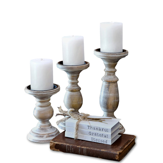 Candle Holders for Pillar Candles, Wooden Candleholders Table Centerpiece, Pillar Candle Holders Set of 3, Wood Rustic Farmhouse Fireplace White