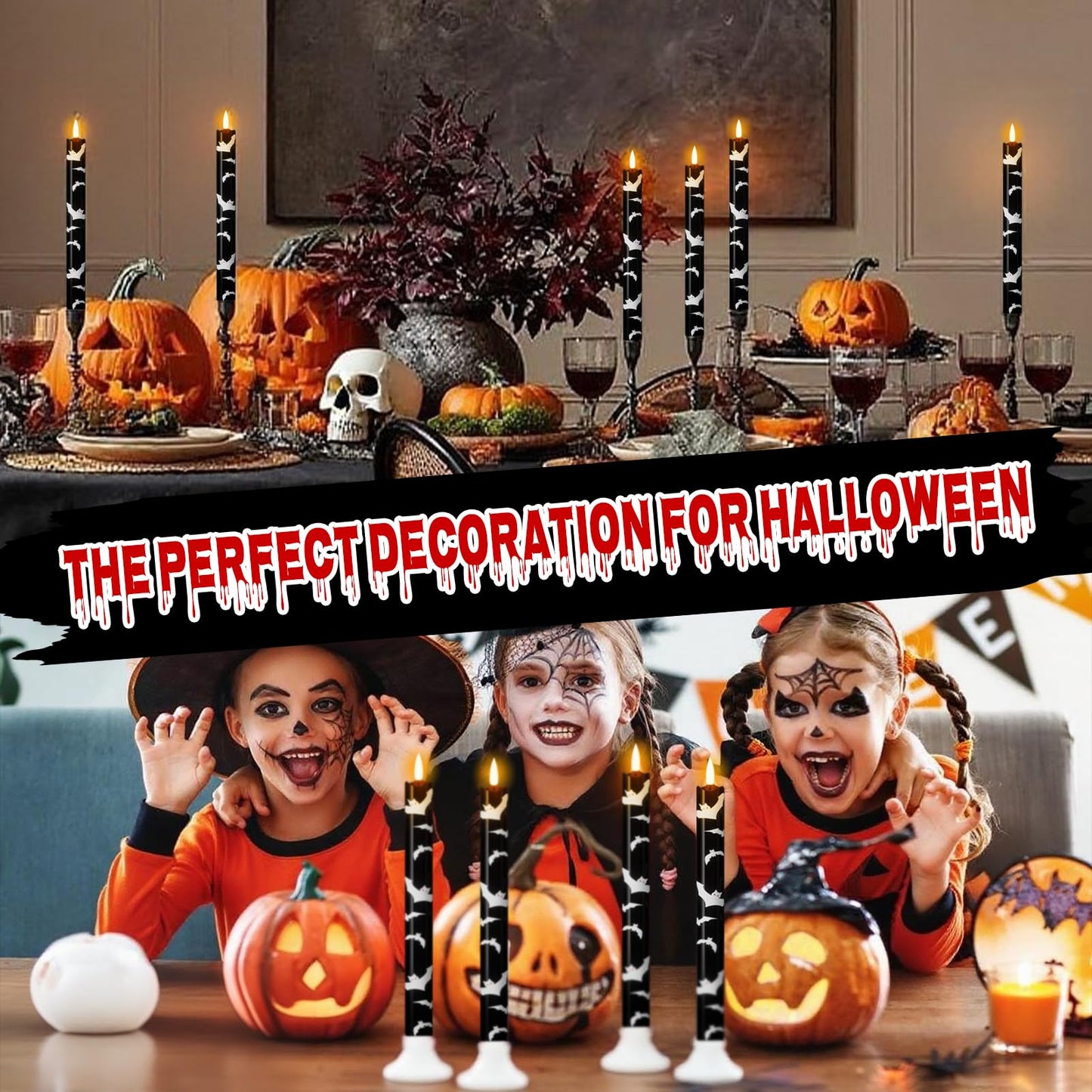 Eldnacele Flameless Flickering Taper Candles with Remote and Timer, Battery Operated Bats Decal Real Wax Black LED Window Candles Set of 4 Fireplace Spooky Halloween Holiday Decor