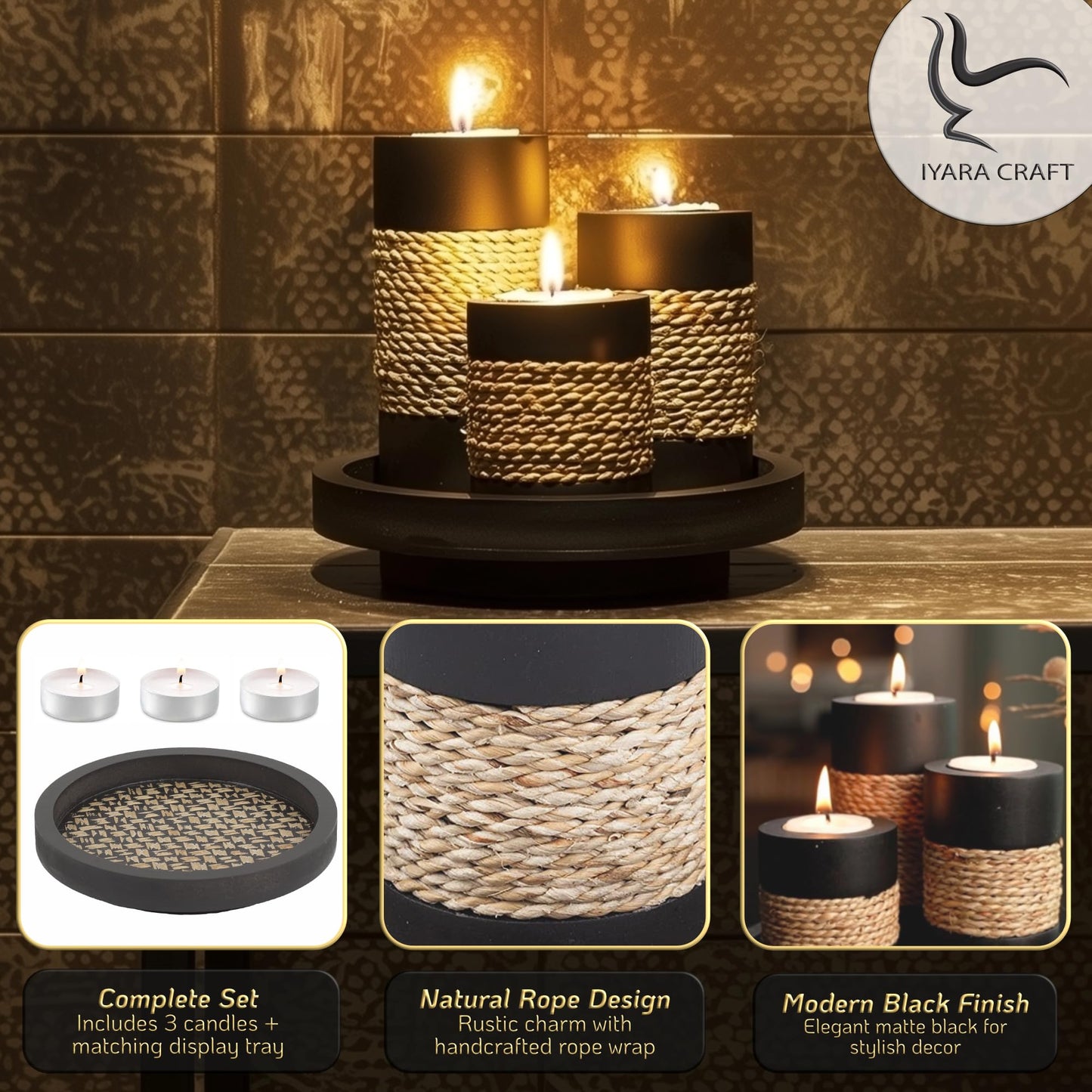 IYARA CRAFT Tealight Candle Holders with Tray – Set of 3 Rustic Black Wooden Candle Holders with Natural Rope Accent, Cozy Centerpiece for Romantic Dinner Table Decor, Anniversary & Housewarming Gifts