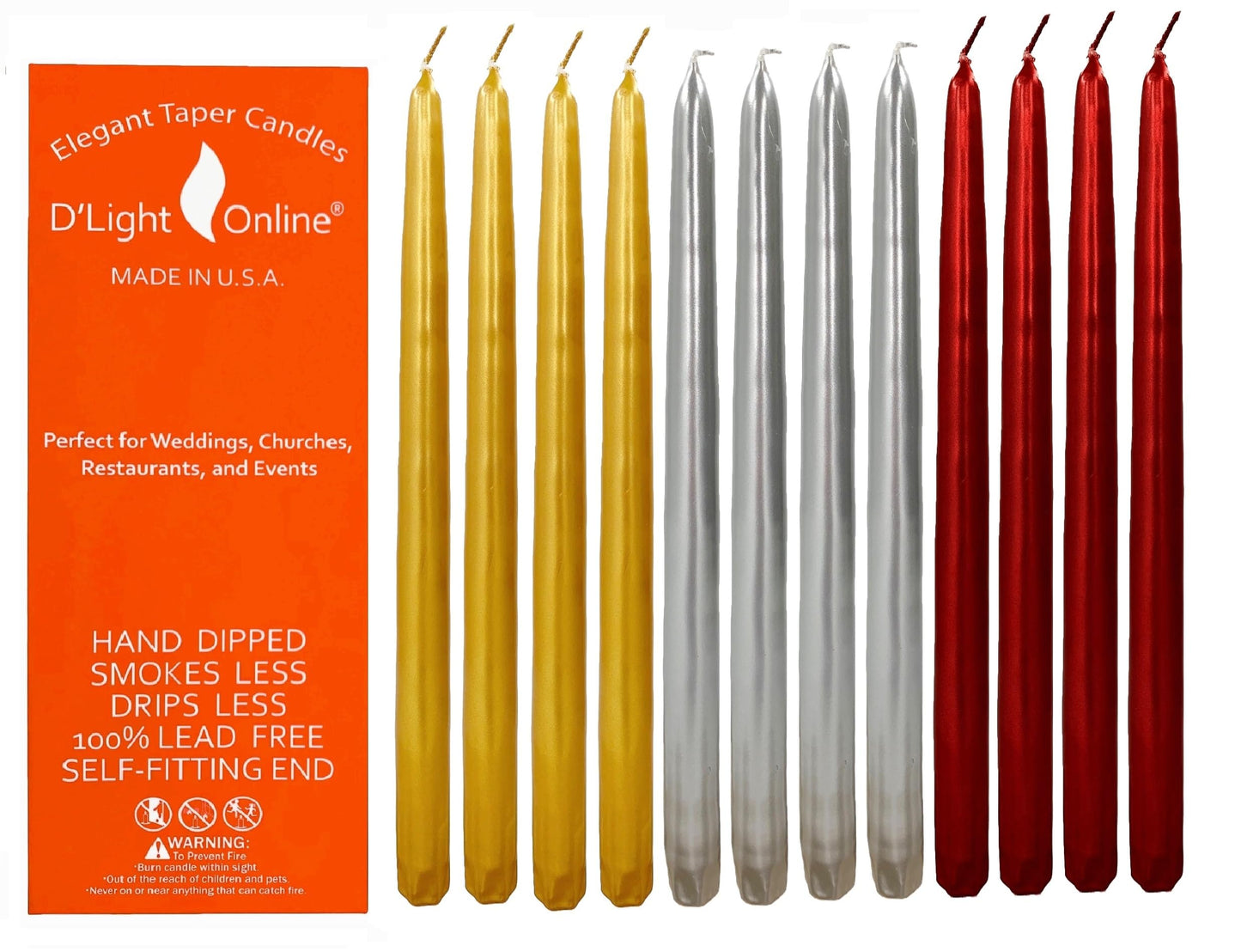 D'light Online Premium Quality 12" Metallics Taper Candles - Unscented, Dripless and Smokeless for Christmas Decor, Holiday Dinners and Festive Parties - Set of 12 (12 Inch, Lustrious Metallics)
