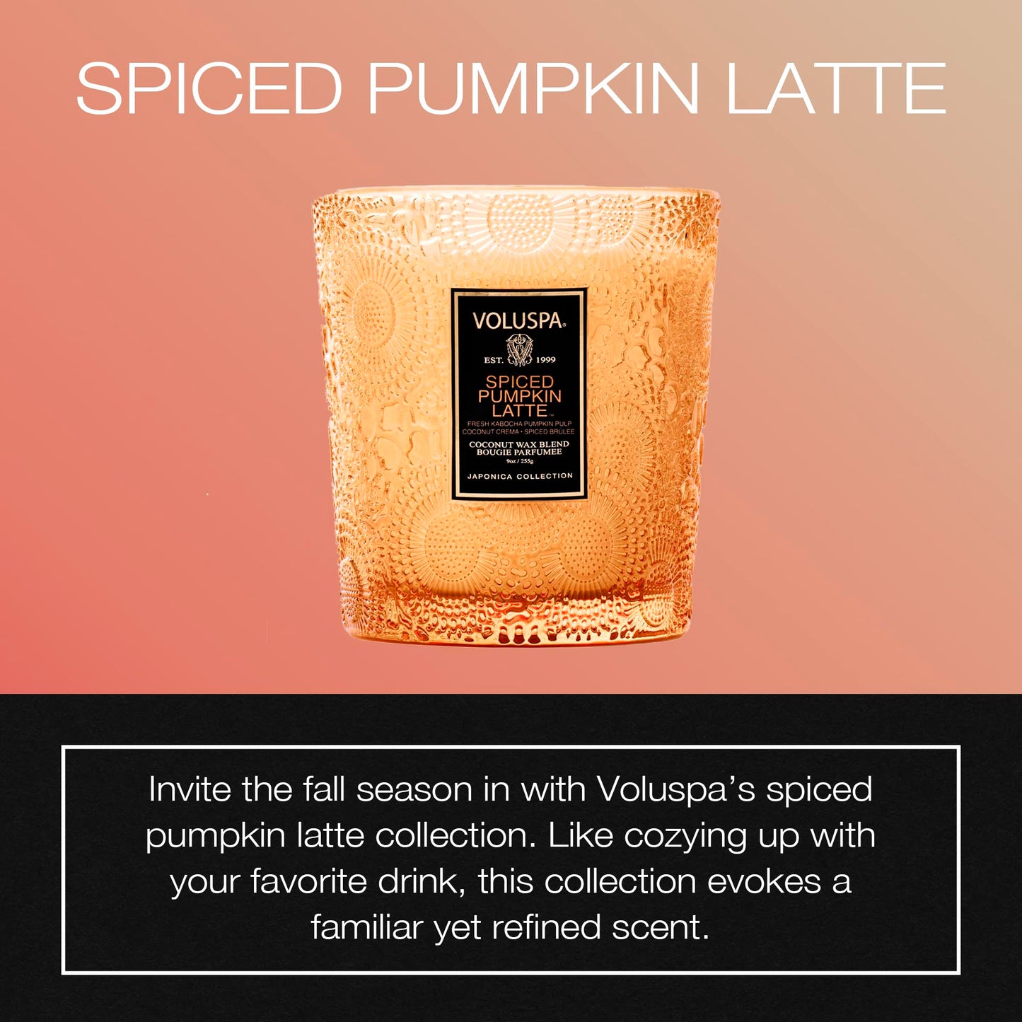 Voluspa Pumpkin Spice Latte Candle, 9 oz, Coconut Wax Blend, Scented Candles for Home, 60 Hour Burn Time, Classic Candle Jars