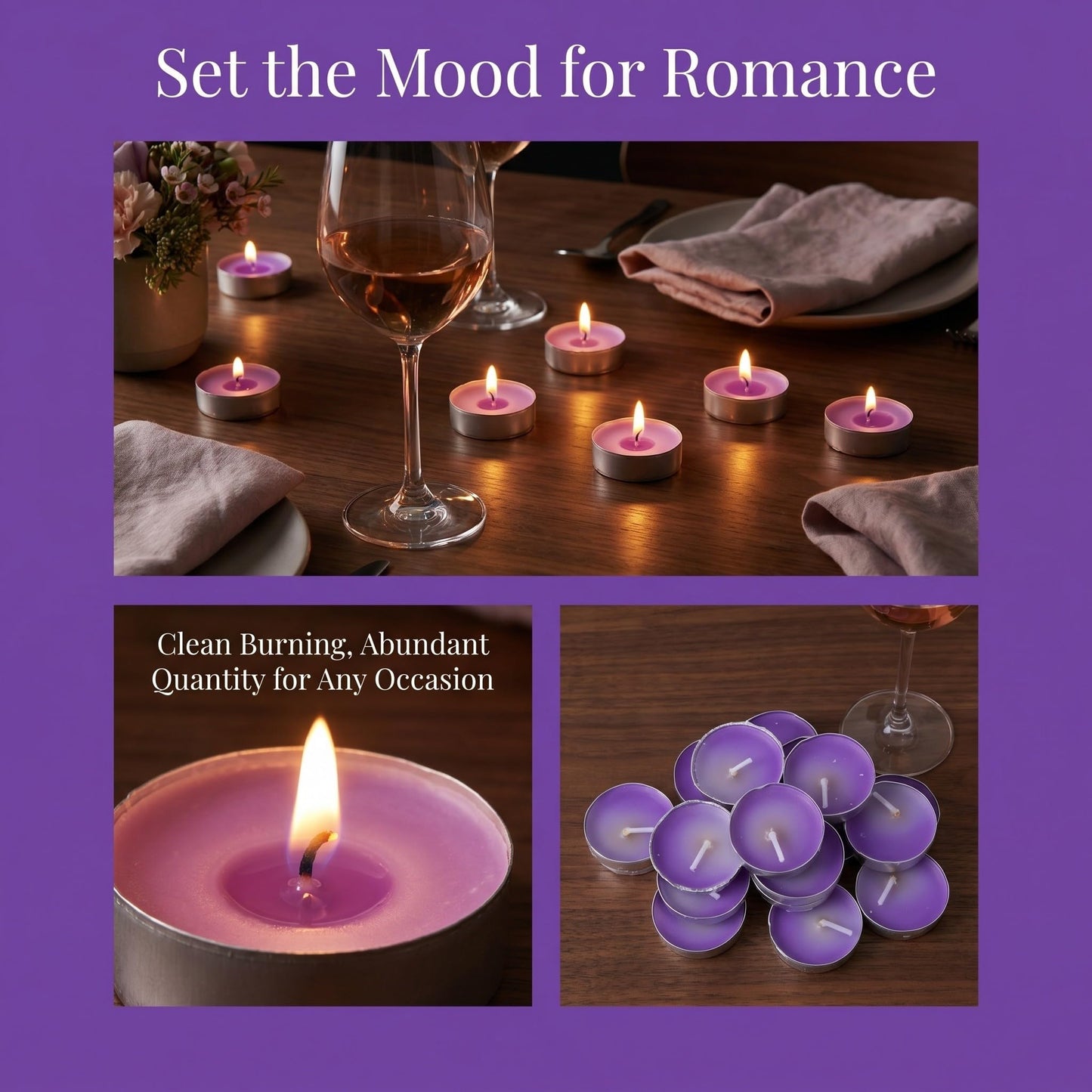 ibasenice 50Pcs Unscented Tea Candles: Unscented Long Burning Tealight Candles Clean Smokeless - 1.4x1.4x0.4 Scentless Tealights for Romantic Candlelight Dinner Party, Purple