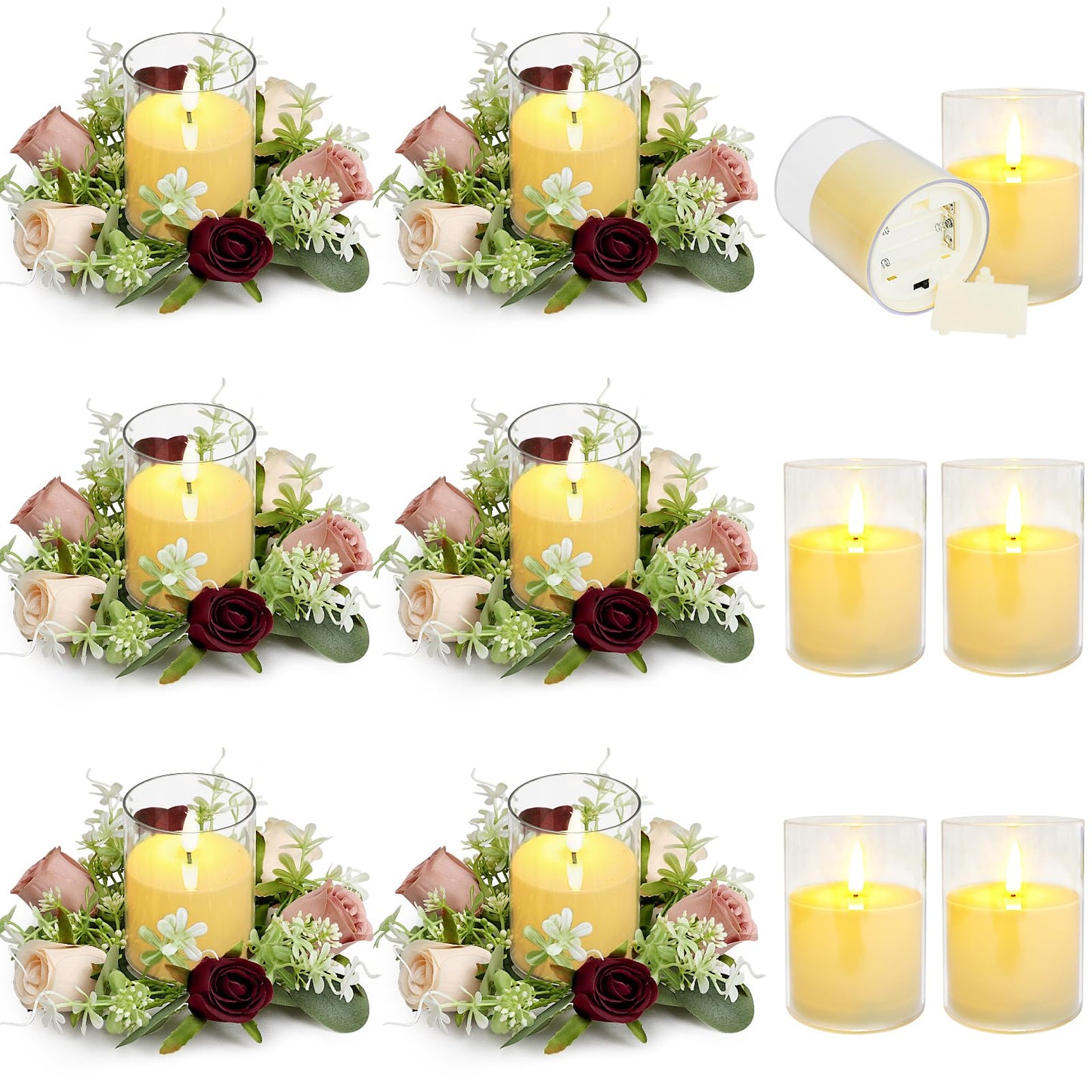 Tobilu 6 Sets Rose Candle Rings Wreaths - Artificial Flowers Rings with Green Leaves LED Flameless Candles for Centerpiece Wedding Home Banquet Party Decor, Burgundy Pink Champagne