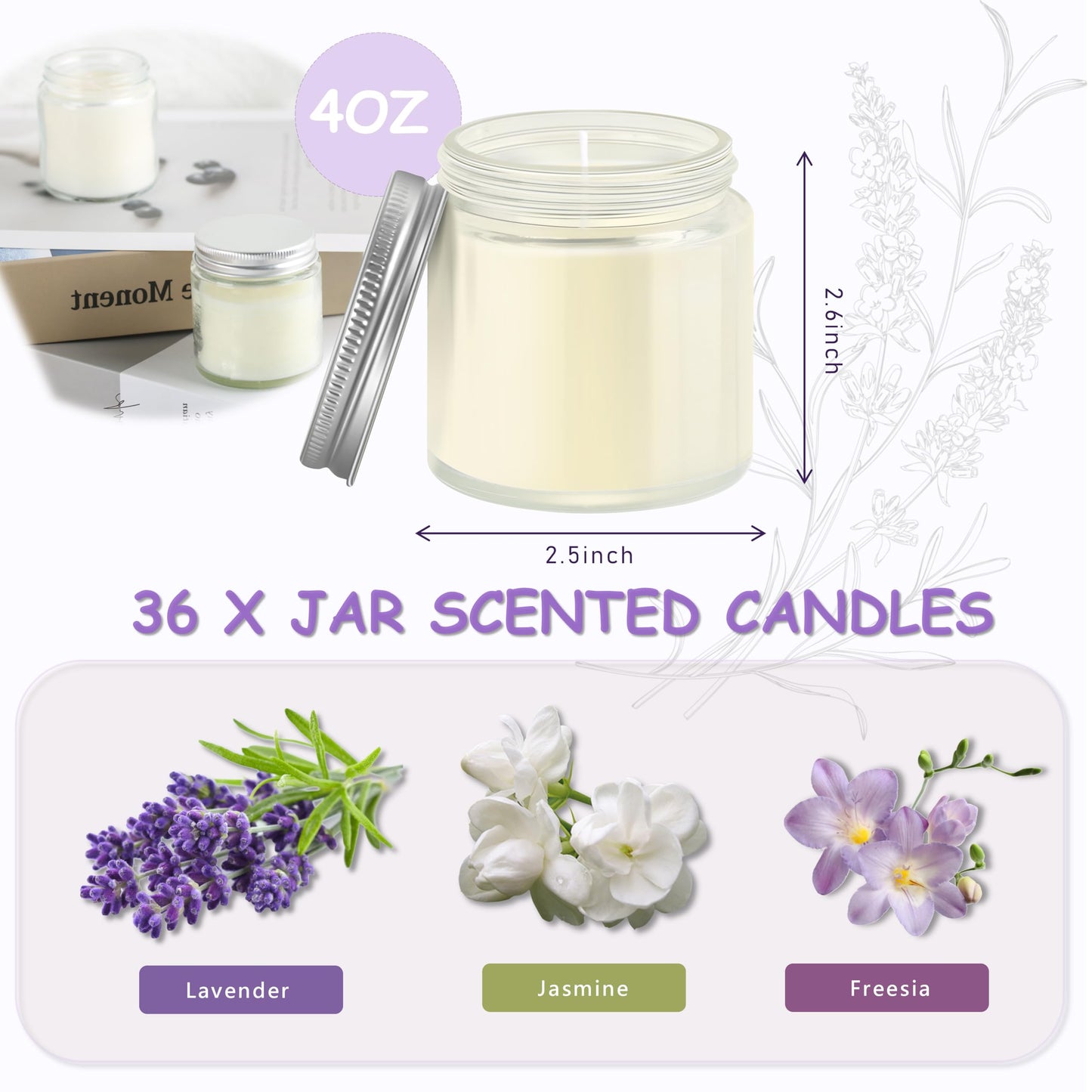 ACITHGL 36 Pcs 4oz Mini Mason Jar Candles Small Scented Candles Bulk Aromatherapy Ideal Souvenir Favors for Wedding Birthday Party (Freesia, Lavender, Jasmine, Silver)