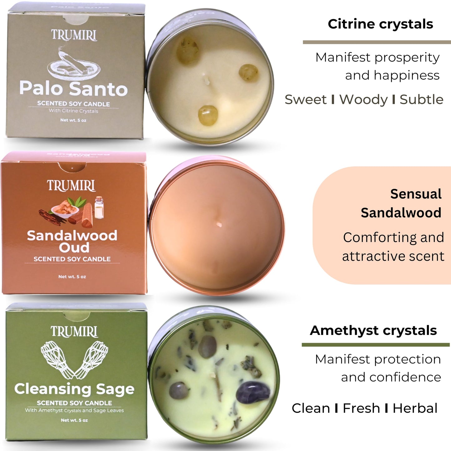 Cleansing Sage, Palo Santo, Sandalwood Oud - Soy Candles Non Toxic - Highly Scented Long Lasting with Essential Oils - Variety Pack of 3 x 5oz - for Home Aromatherapy Meditation Gift Travel