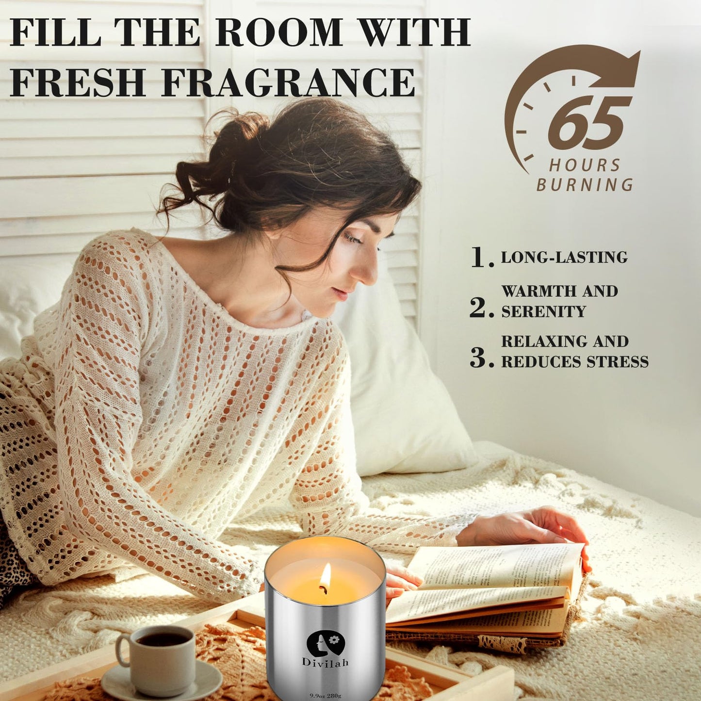 Divilah English Pear&Freesia Scented Candles, 65 Hour Long Lasting Non Toxic Natural Soy Wax in Silver Aluminum Jar, Luxury Large Home Decorative Scented Candle, Aromatherapy Gift for Women, Men,9.9oz