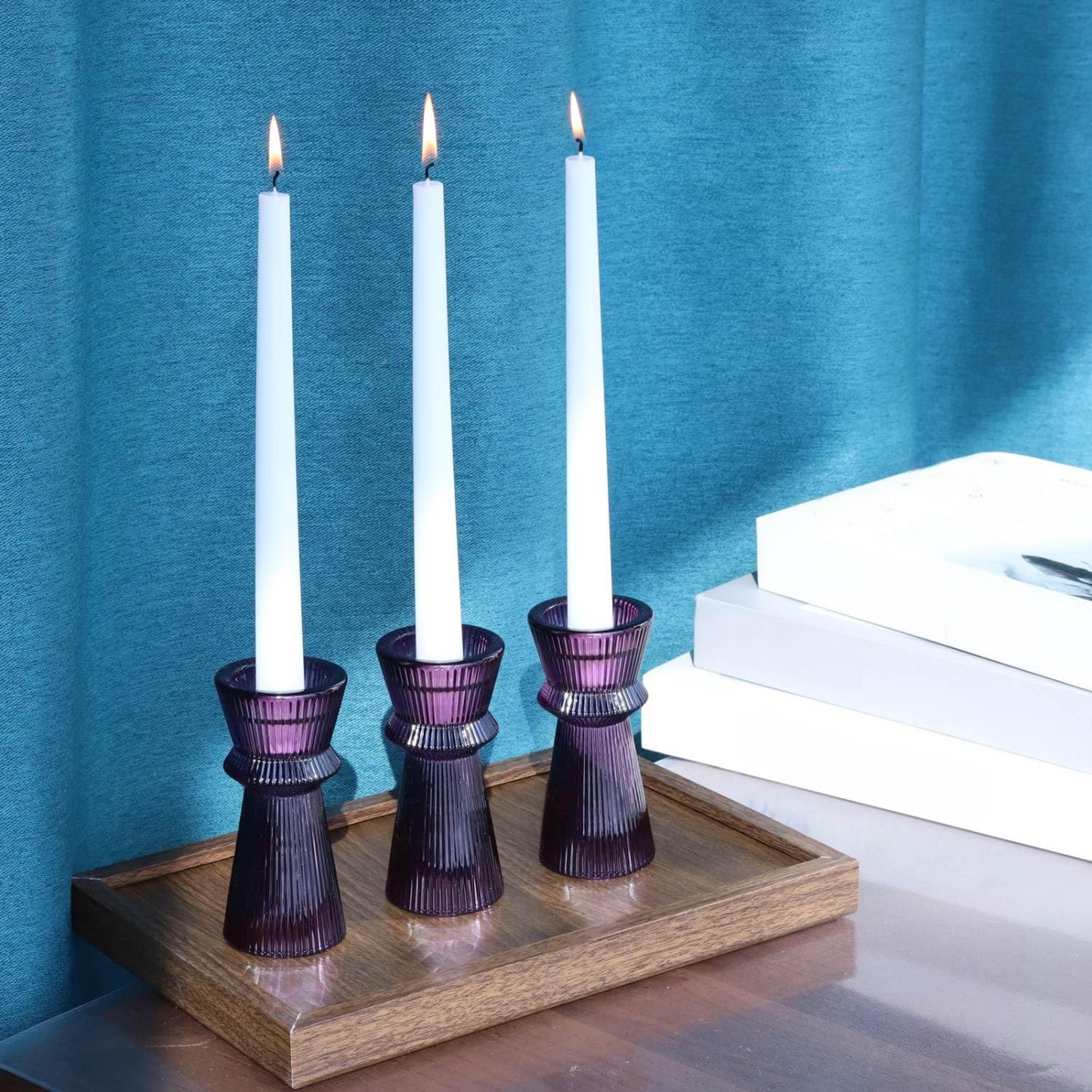 VOHO Purple Ribbed Taper Candle Holders Set of 3, Minimalist Style Glass Candle Holder for Candlesticks and Tealight Candles, Classy Candlestick Holders for Easter Halloween Wedding Decor