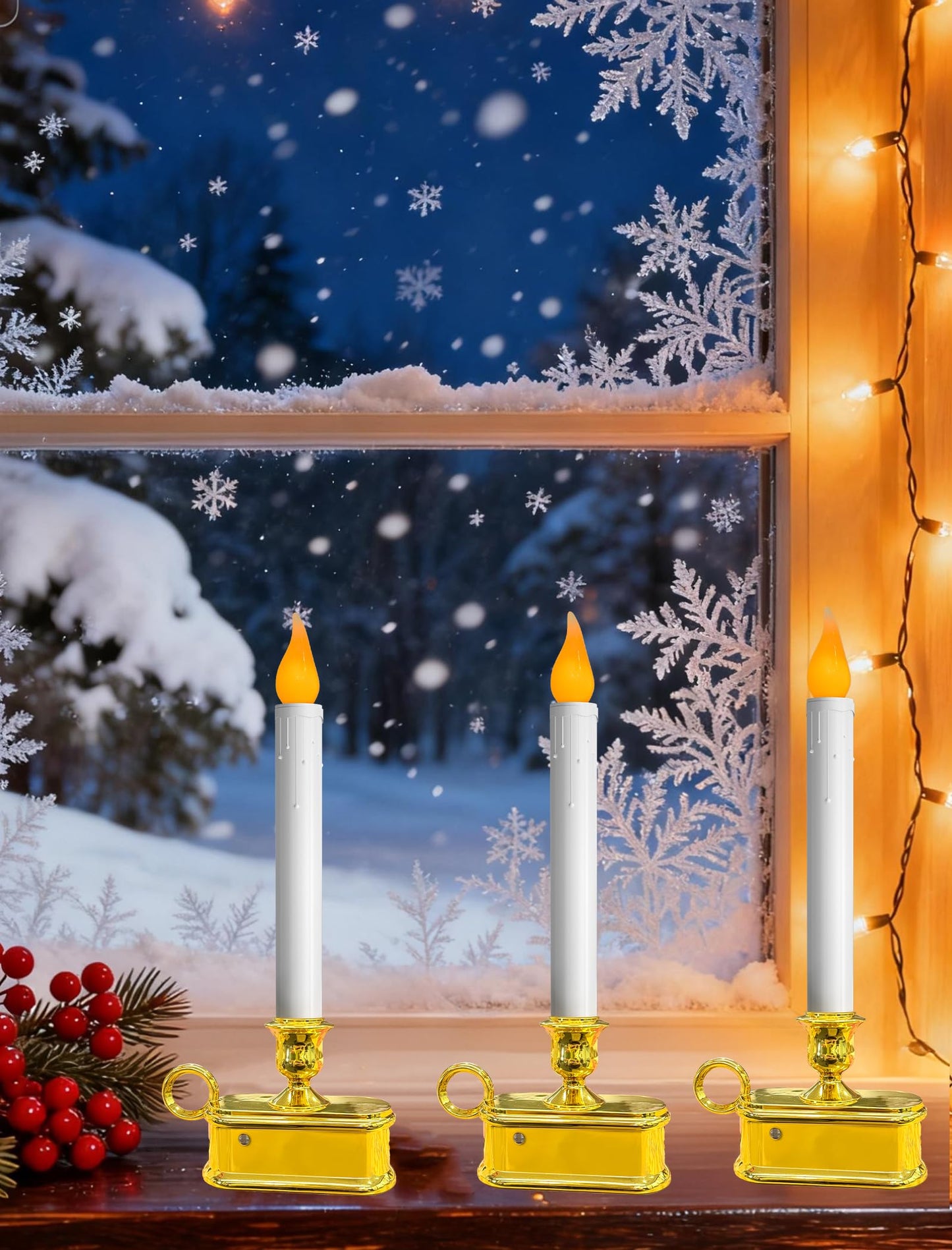 Romasaty 4 Pack Christmas Window Candle Lamps with Sensor Dusk to Dawn,10 Inch Battery Operated LED Window Candles with Flickering Amber Flame for Weddings Table Christmas Decor, Gold Plated Base