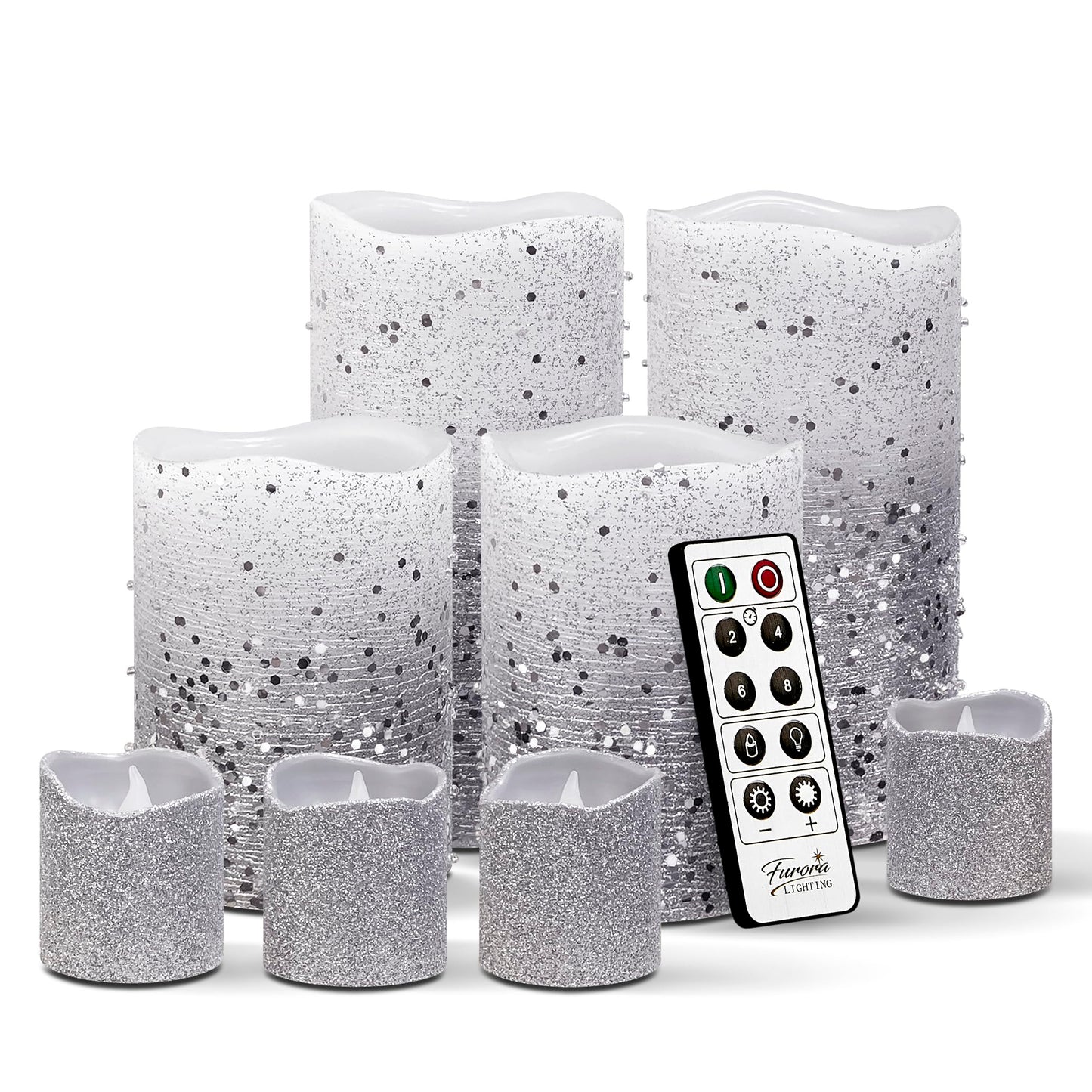 FURORA LIGHTING Silver Glitter Flameless Candles - Real Wax, Adjustable Brightness, Remote & Timer - 4 Pillars (3x4, 3x6) and 4 Votives, 8-Pack, Battery Operated