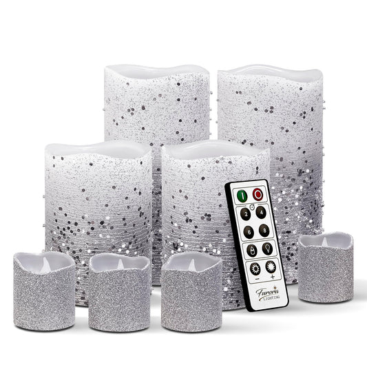 FURORA LIGHTING Silver Glitter Flameless Candles - Real Wax, Adjustable Brightness, Remote & Timer - 4 Pillars (3x4, 3x6) and 4 Votives, 8-Pack, Battery Operated