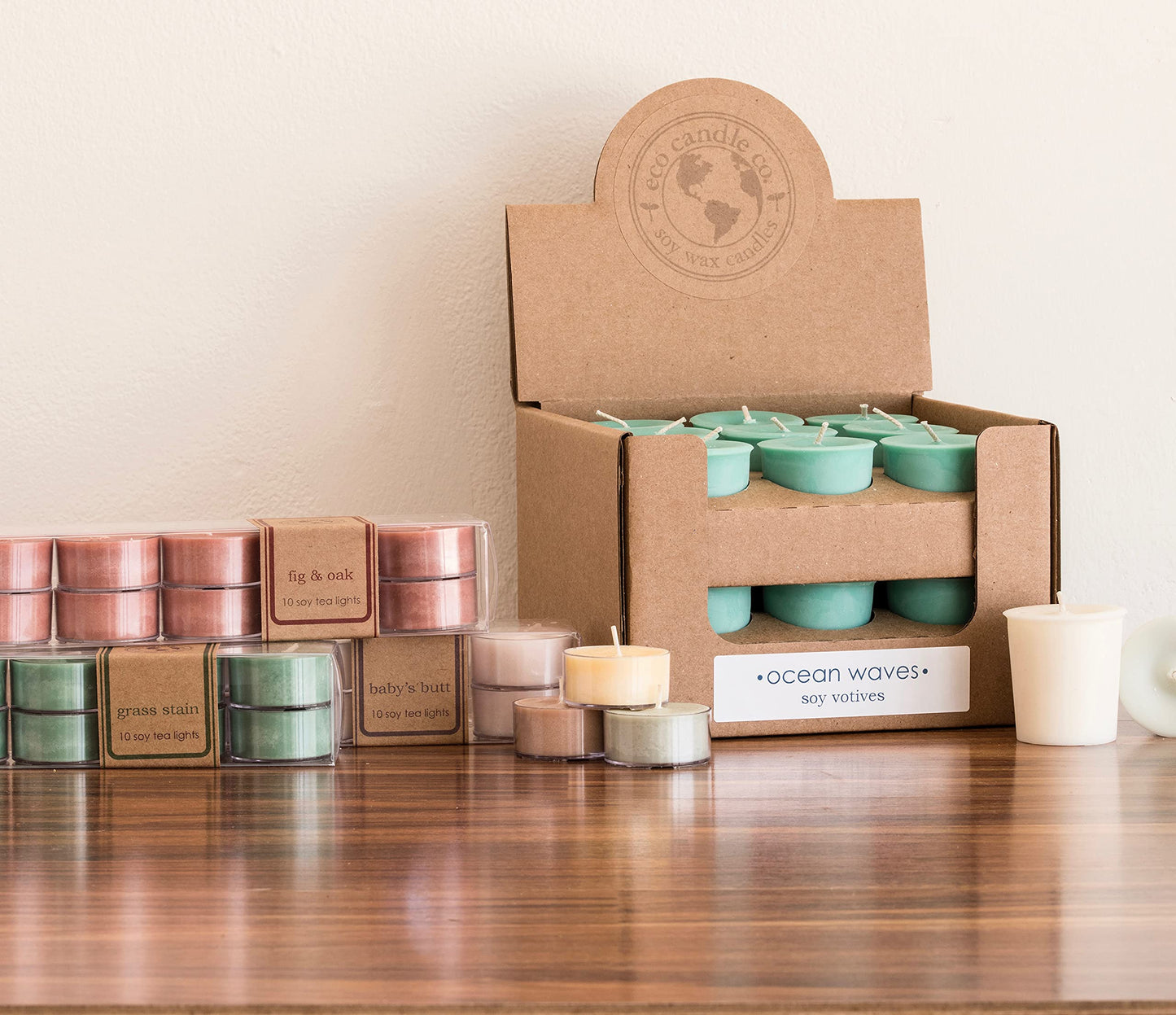 Eco Candle Co. Tea Light Candles, Mother Earth, 10-Pack - Scents of Grass, Hay, Cypress, Patchouli, Sandalwood, & Tonka Bean - Recyclable Plastic Cups, 100% Soy Wax, No Lead, Hand Made, .6 oz. Each