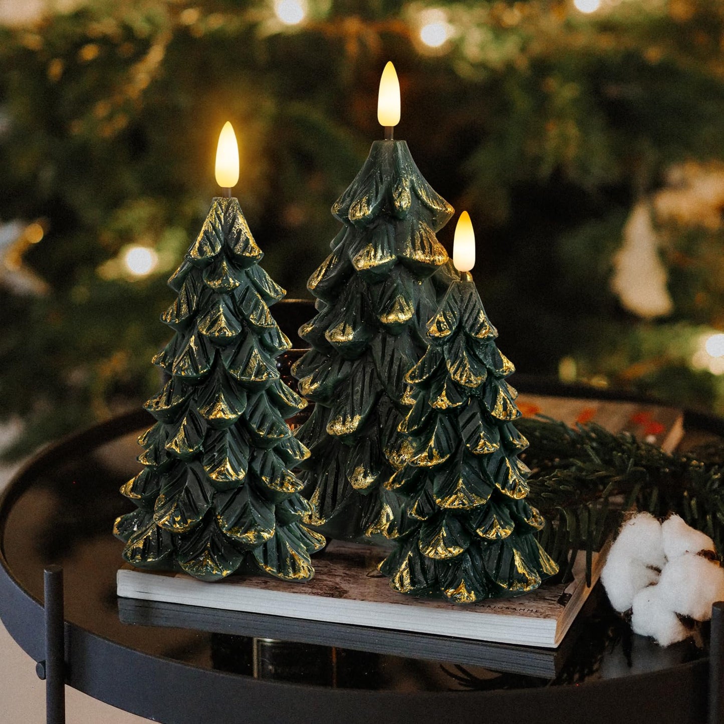 HN HAIINAA Green Christmas Tree Shaped Flameless Candles with Timer, Real Wax 3D Wick Flickering Battery Operated LED Candles for Christmas Home Party Decoration Set of 3