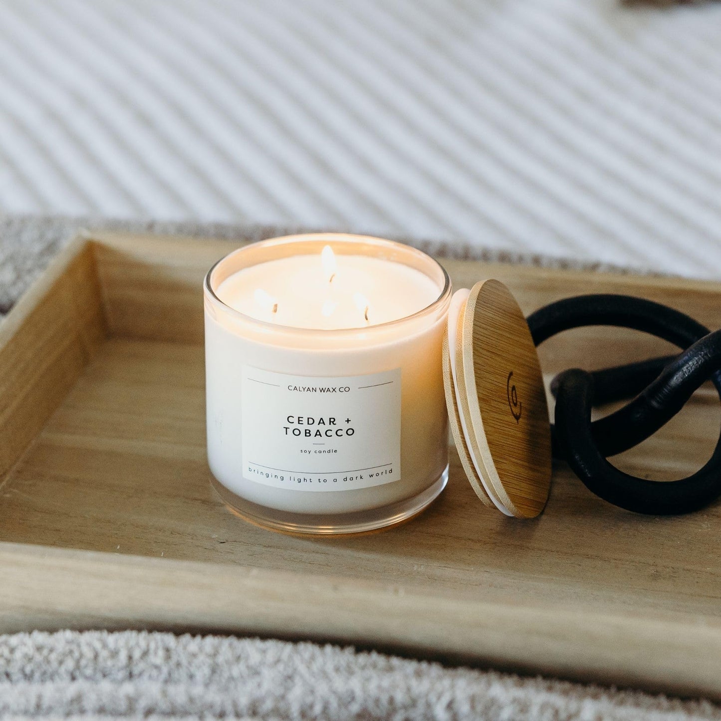 Calyan Wax Co. Cedar & Tobacco 3 Wick Scented Candle - 43 Hour Burn - Luxury 3 Wick Soy Candles - Clean Soy Wax Candles - Long Lasting Large Glass Jar Candle for Home - 14.9oz