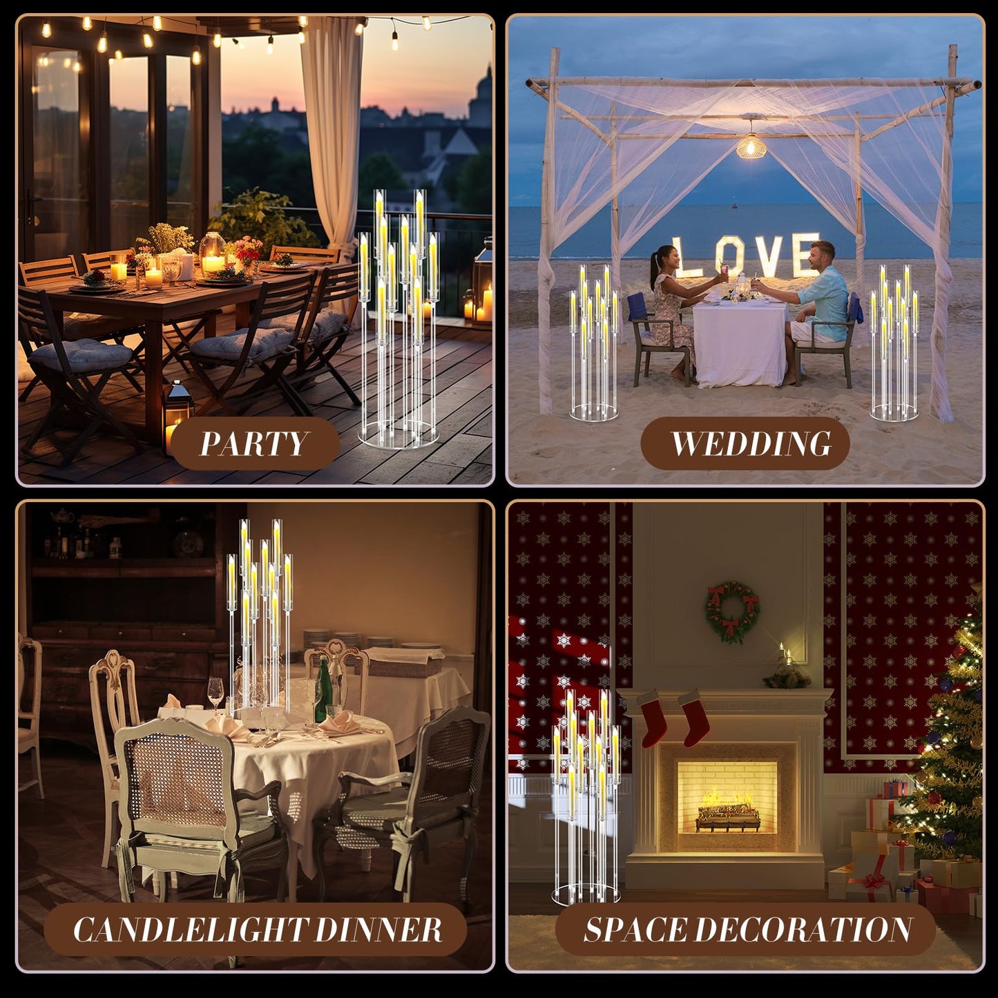 Tandefio 4 Pcs 10 Arm Wedding Acrylic Candelabra Table Centerpieces with 40 LED Candle 46.5'' Tall Floor Candlestick Clear Metal Candle Holder with Lampshade for Ceremony Easter Birthday Anniversaries
