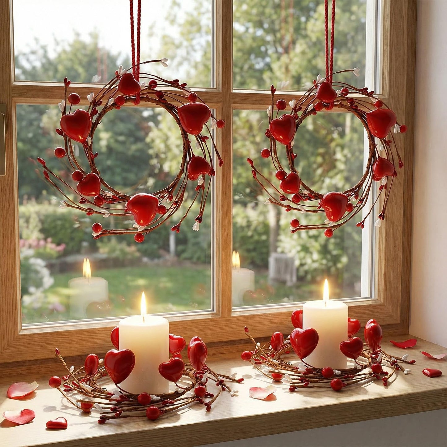 4 Pcs Valentine Candle Rings, Wreaths Red Heart and Berry Candle Holder Rings, Inner Diameter 3.2 Inch Candlestick Decoration for Valentine's Day Wedding Table Centerpieces