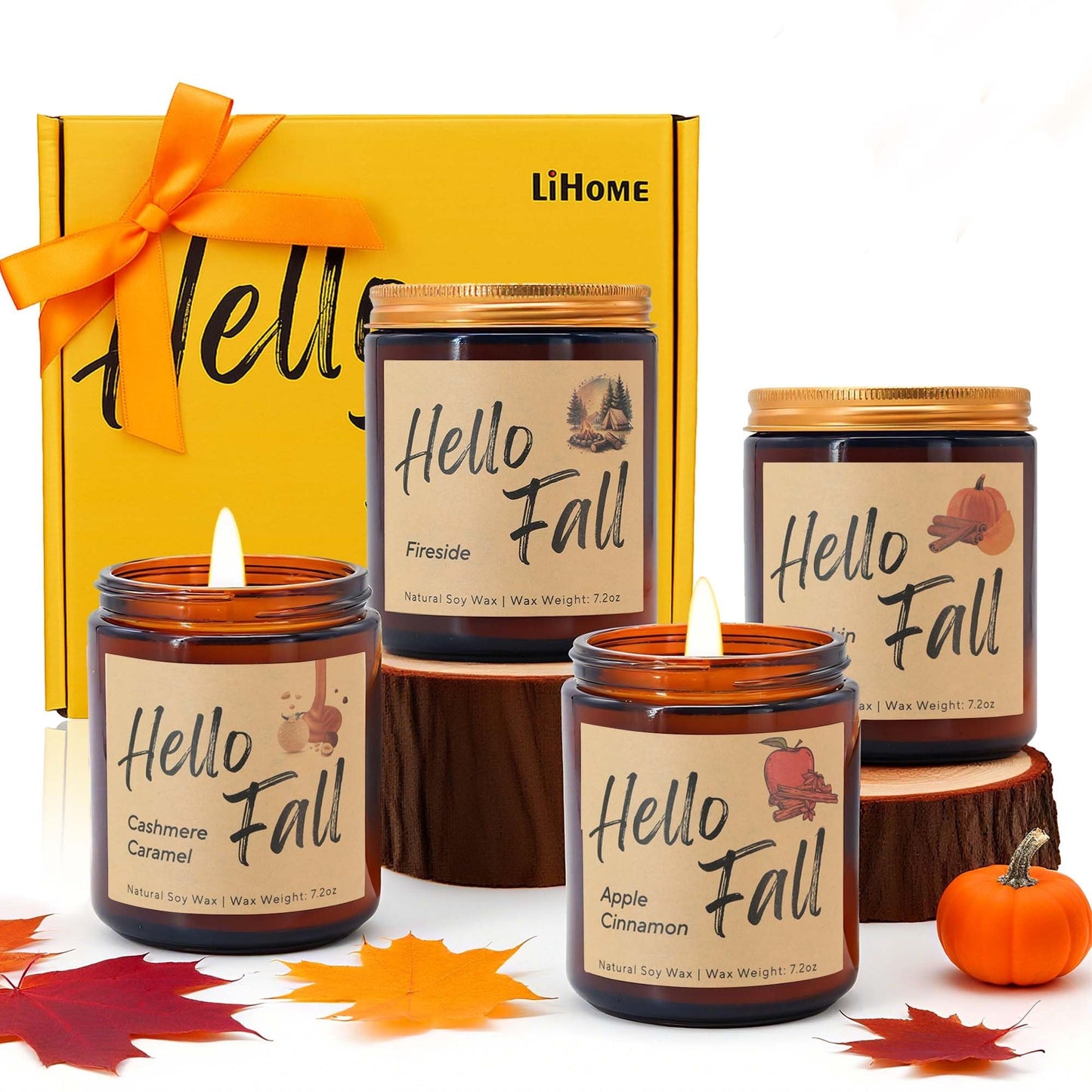 Lihome Fall Candles,Fall Gift for Home Decor, Natural Soy Wax Scented Candles Set- Spicy Pumpkin/Apple Cider/Autumn Harvest/Autumn Leaves(4pcs)